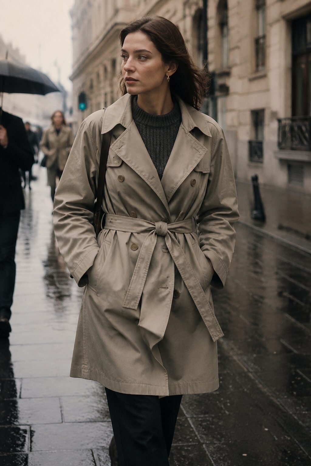 fall capsule wardrobe outfit idea: khaki trench coat over a knit and trousers for a rainy Monday commute