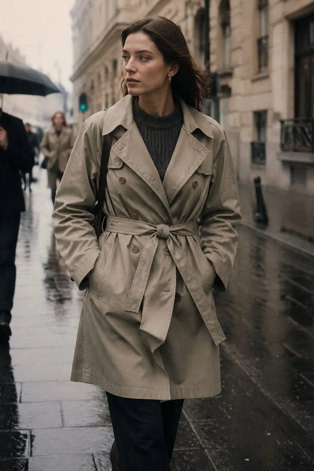 fall capsule wardrobe outfit idea: khaki trench coat over a knit and trousers for a rainy Monday commute
