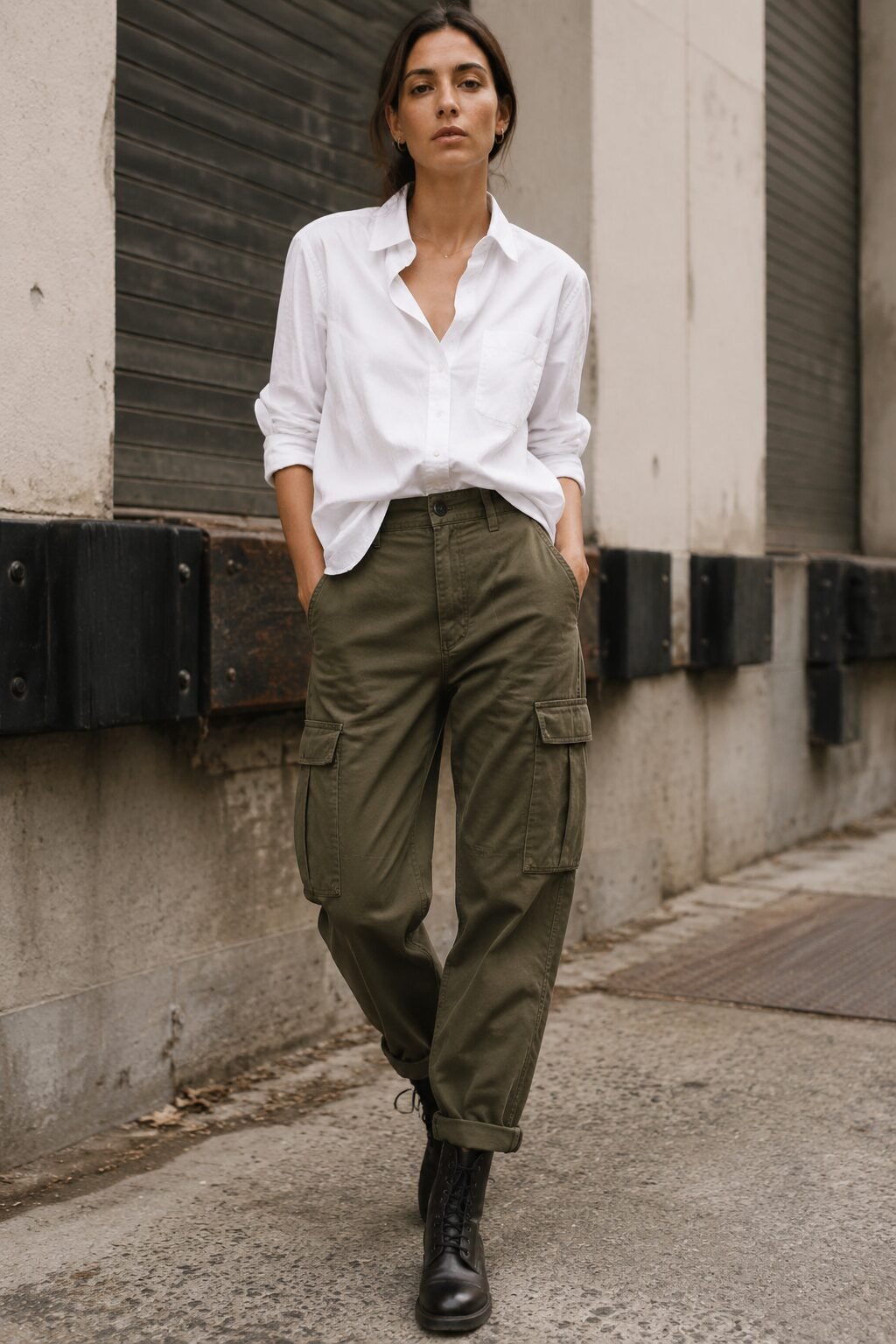 off-duty white shirt outfit: shirt half-tucked into olive utility cargo trousers with combat boots