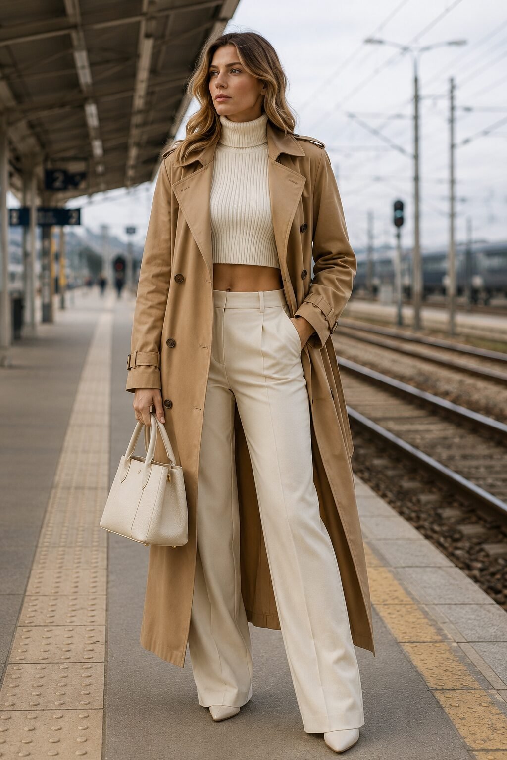 cold-weather travel sweater outfit: cropped turtleneck under a camel trench coat with an ivory tote bag