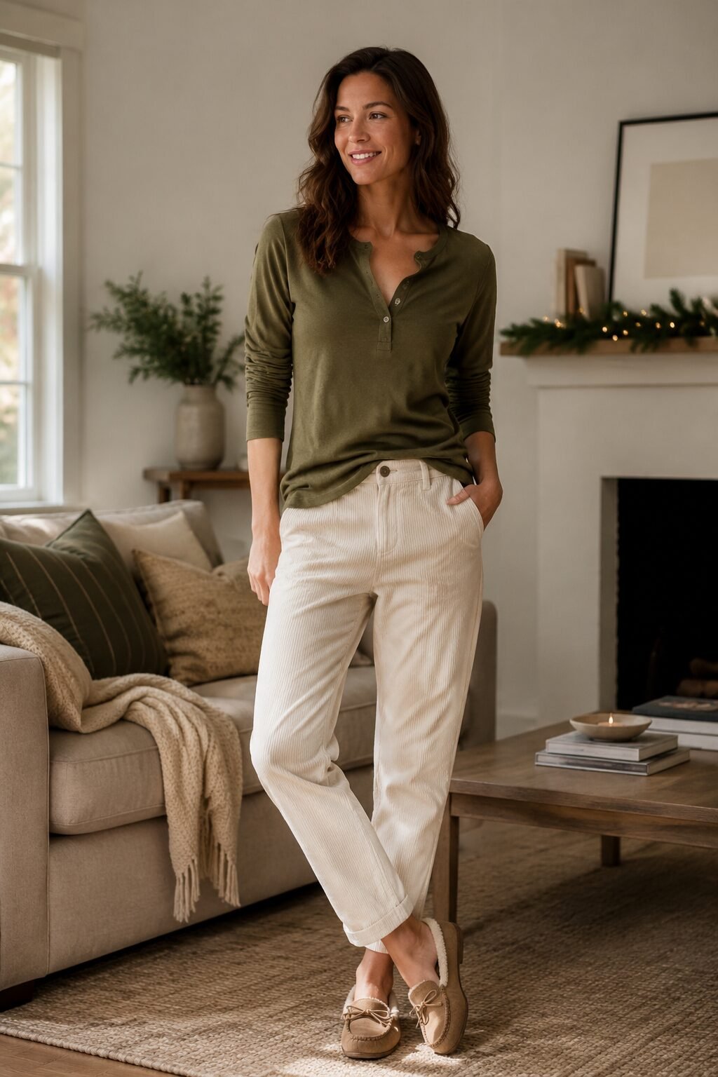 cozy christmas day outfit ideas: olive henley sweater and cream corduroy pants for a day at home