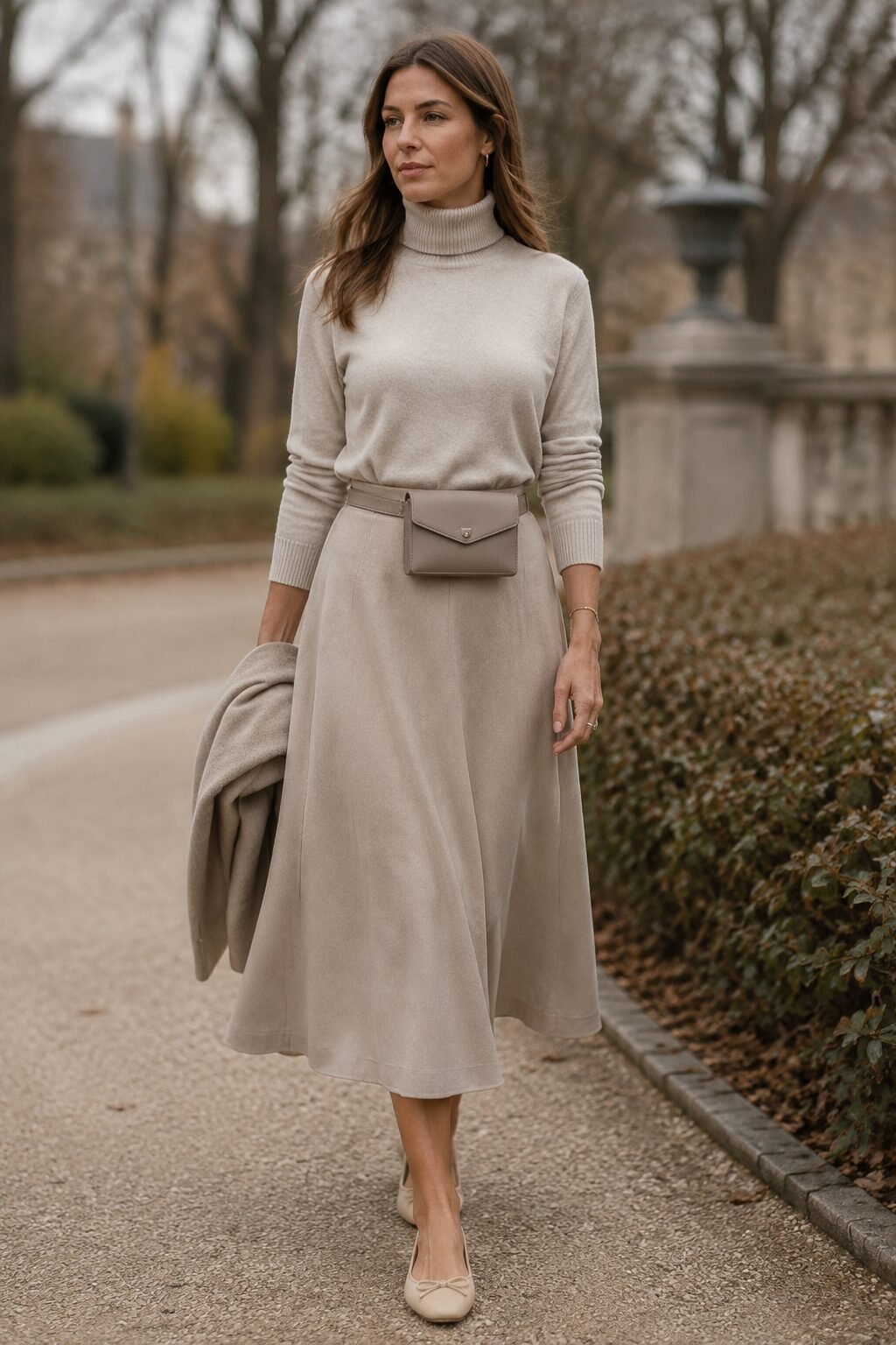 carolyn bessette kennedy outfit inspiration: stone cashmere turtleneck with stone A-line midi skirt