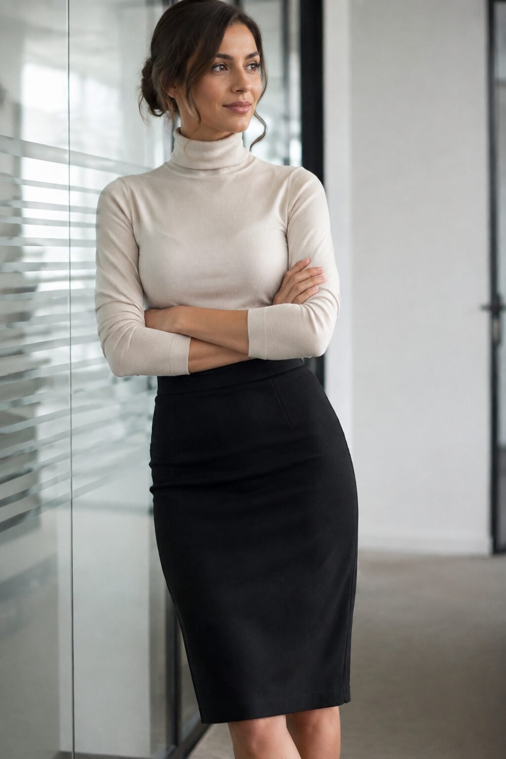 parchment fitted turtleneck tucked into a black midi pencil skirt, a 90s minimalist office outfit