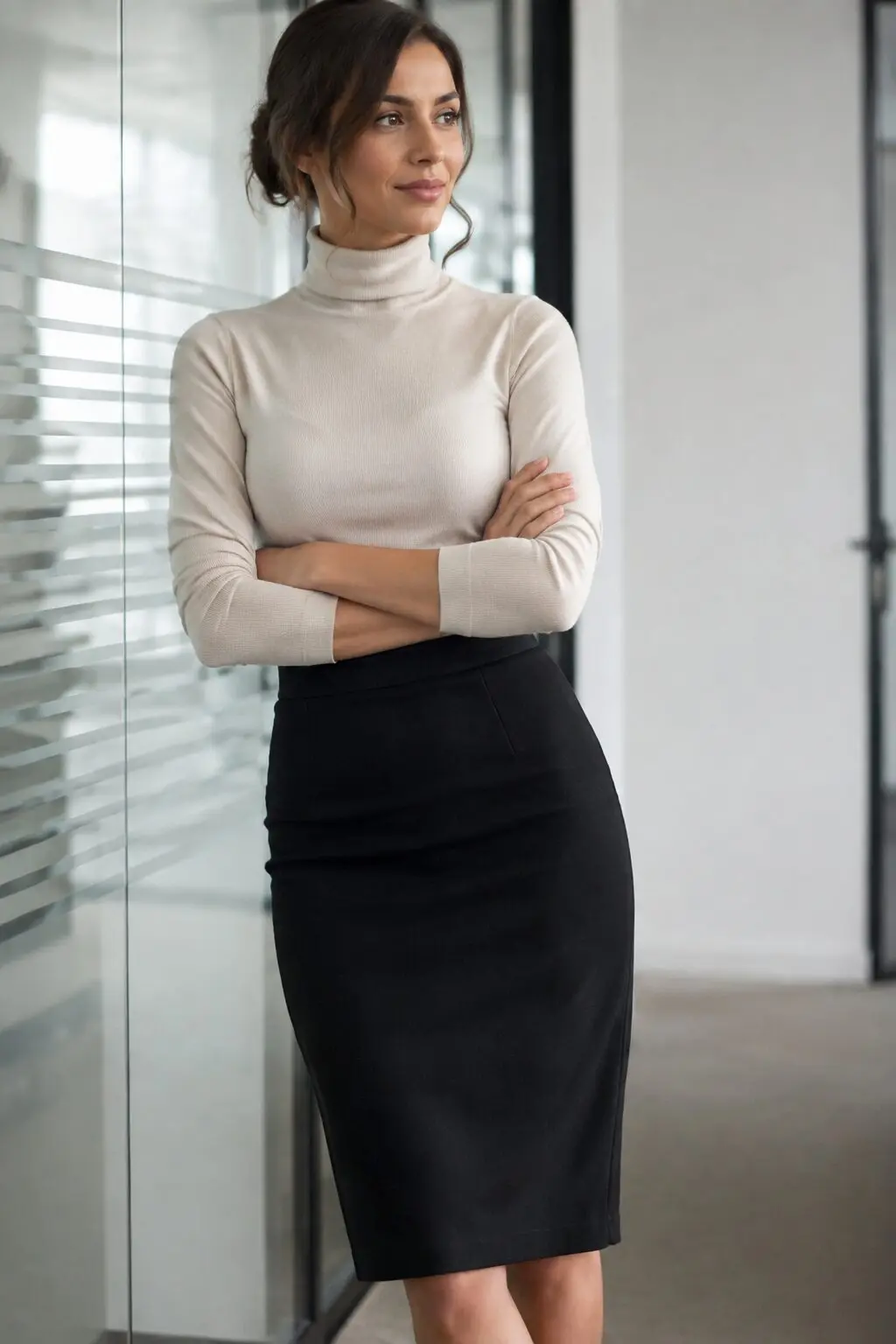 parchment fitted turtleneck tucked into a black midi pencil skirt, a 90s minimalist office outfit