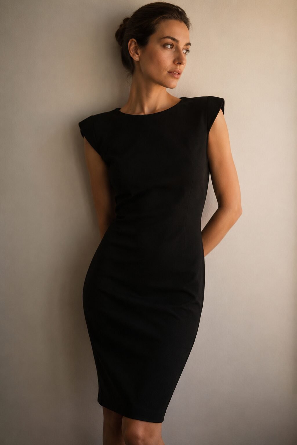 woman in a 90s minimalist outfit wearing a black knee-length sheath dress with a structured shoulder and no jewelry