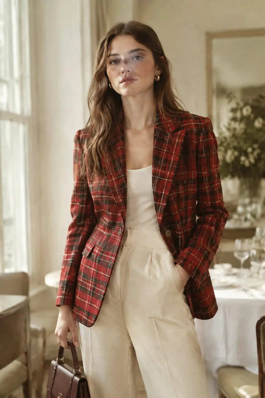 red plaid blazer with cream trousers, elegant christmas lunch outfit for a restaurant