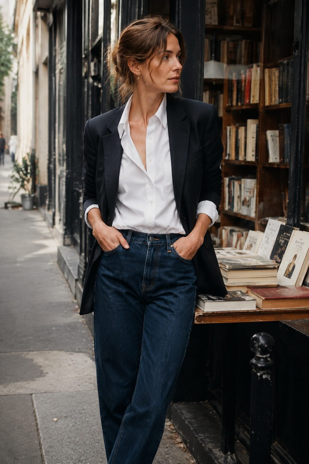 white poplin oxford shirt indigo straight-leg jeans and blazer weekend classic outfit carolyn bessette kennedy style