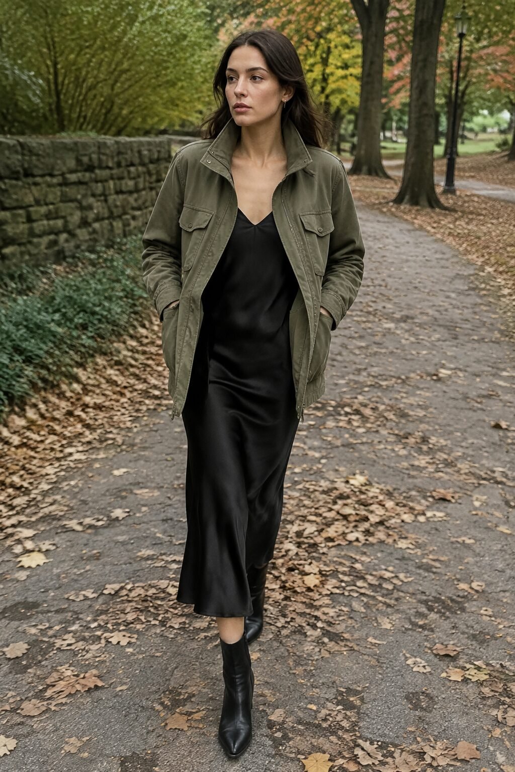 carolyn bessette kennedy style fall weekend outfit: olive utility jacket over a black slip dress