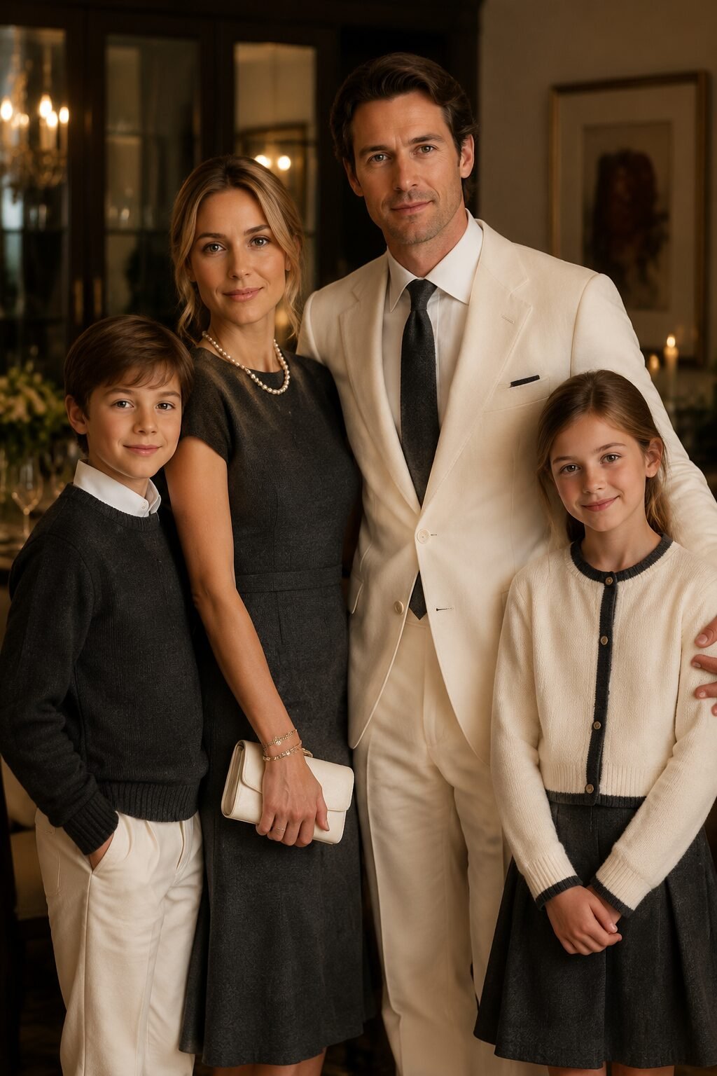 elevated family christmas outfits in charcoal and cream for a formal dinner portrait