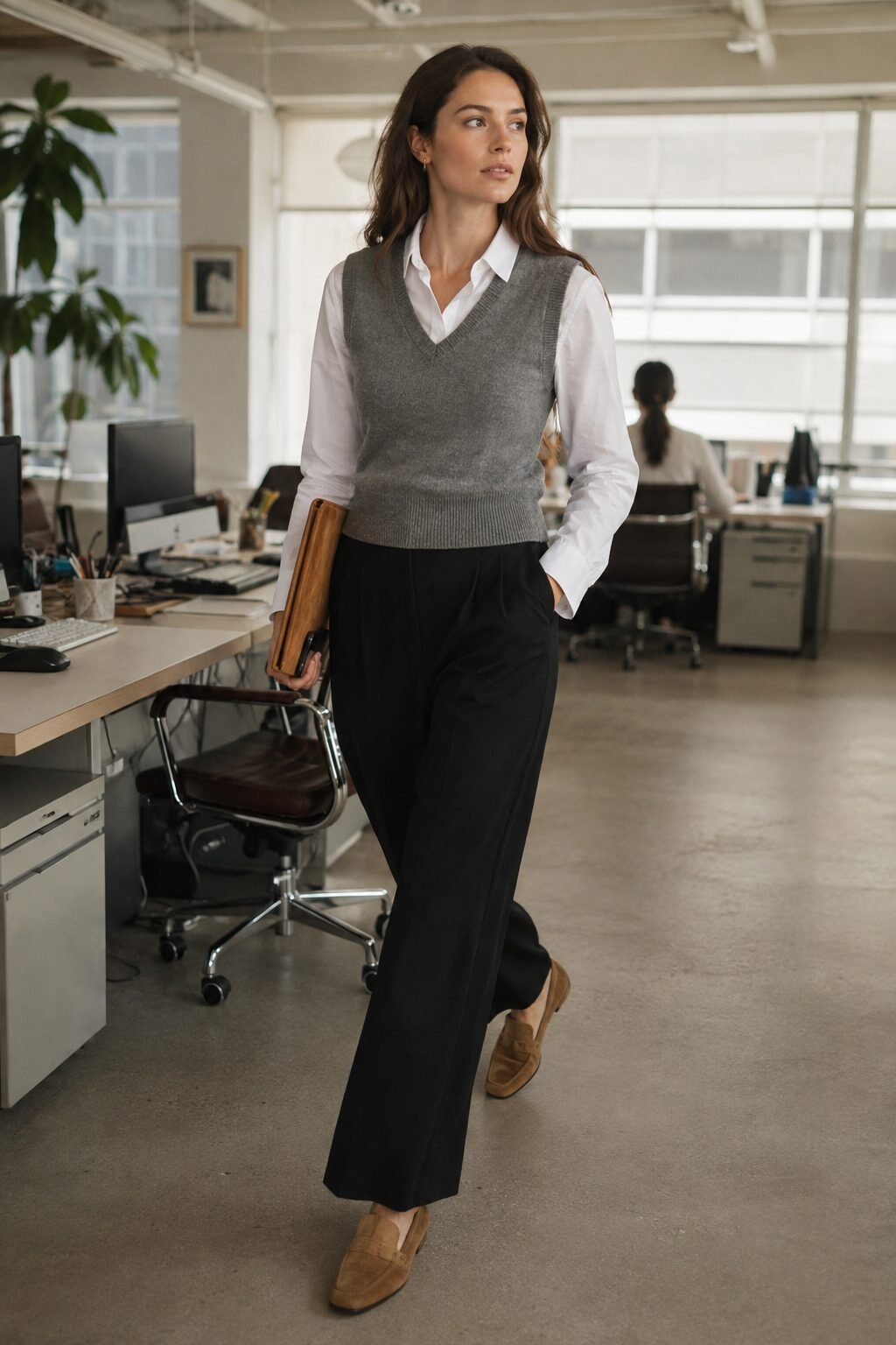 white button-down, grey knit vest, and black trousers with tan loafers, preppy fall capsule outfit
