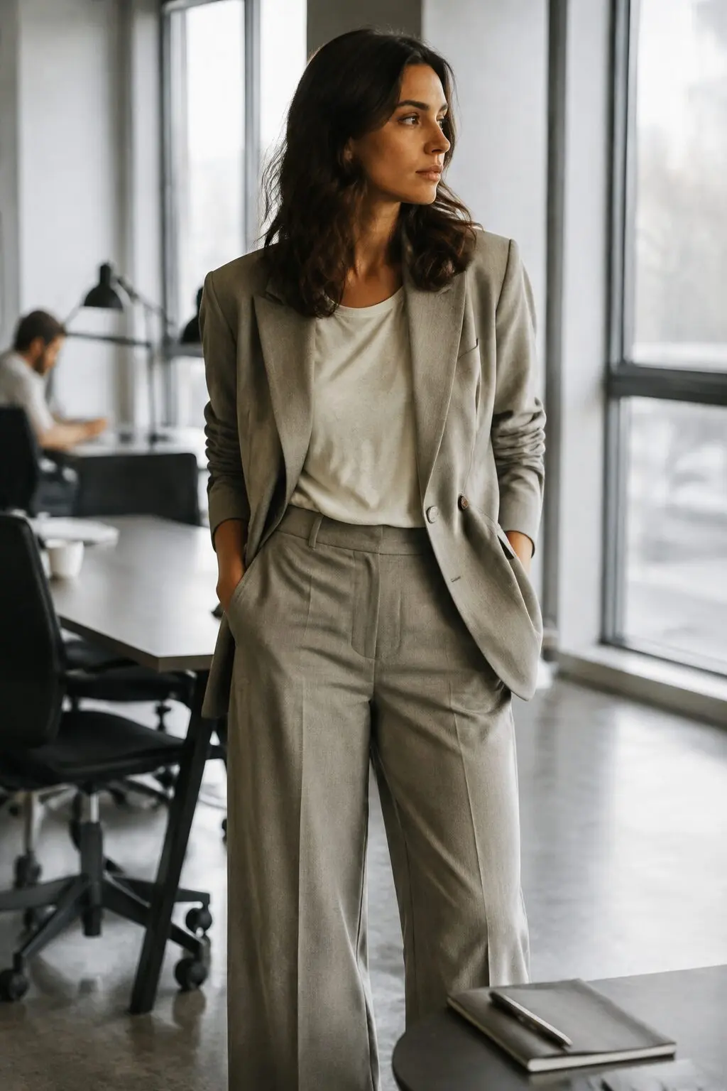 fall capsule wardrobe outfit idea: stone linen-wool blazer, tee, and wide trousers for a Tuesday coworking day