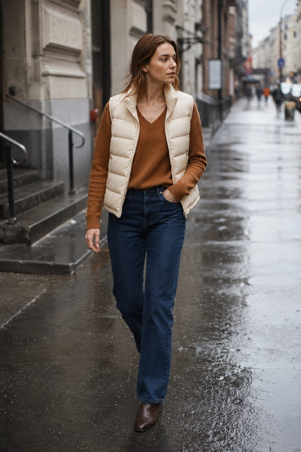 deep-winter sweater outfit: v-neck sweater with straight-leg jeans, layered for cold weather