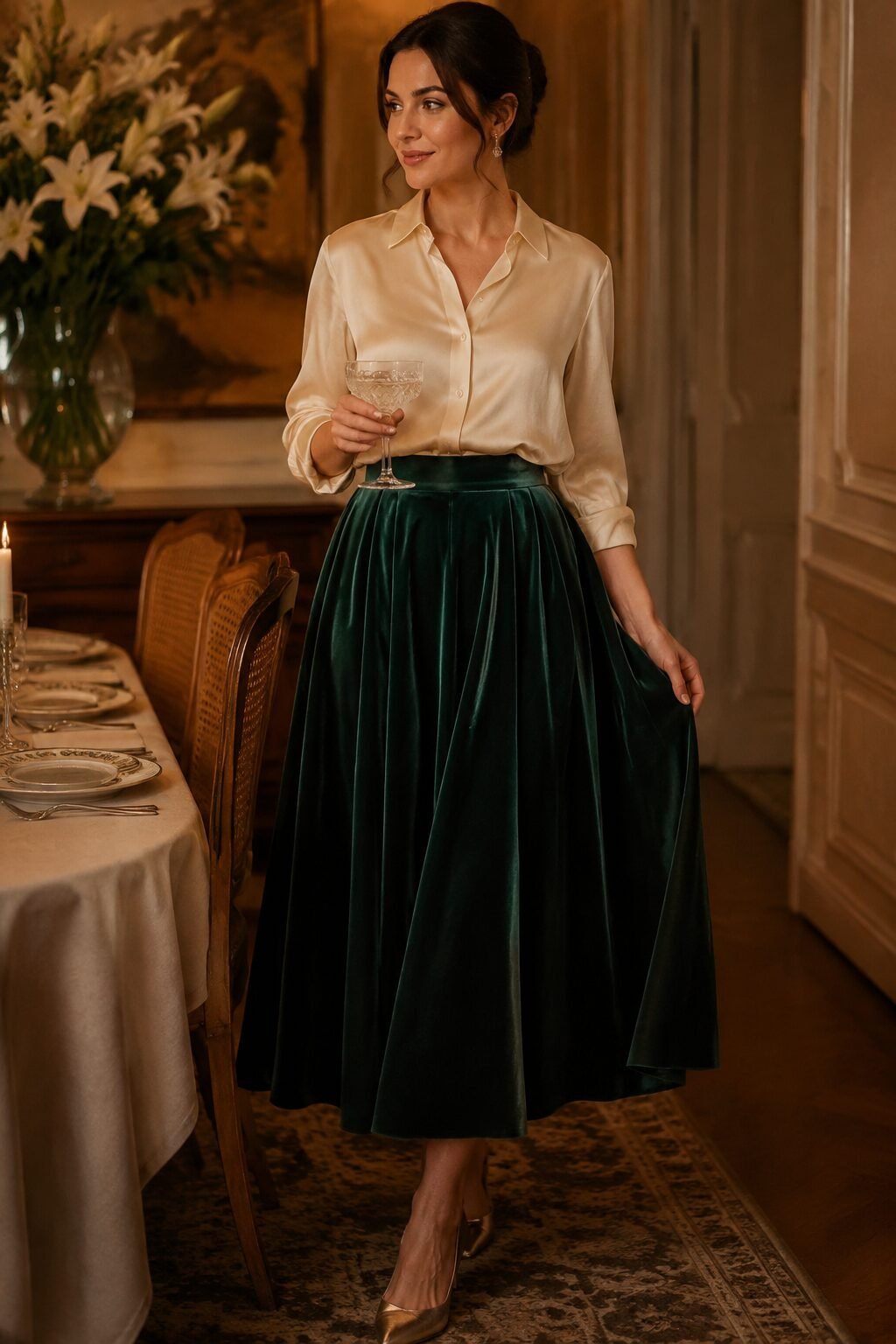 christmas dinner party outfit: cream silk blouse with an emerald velvet skirt