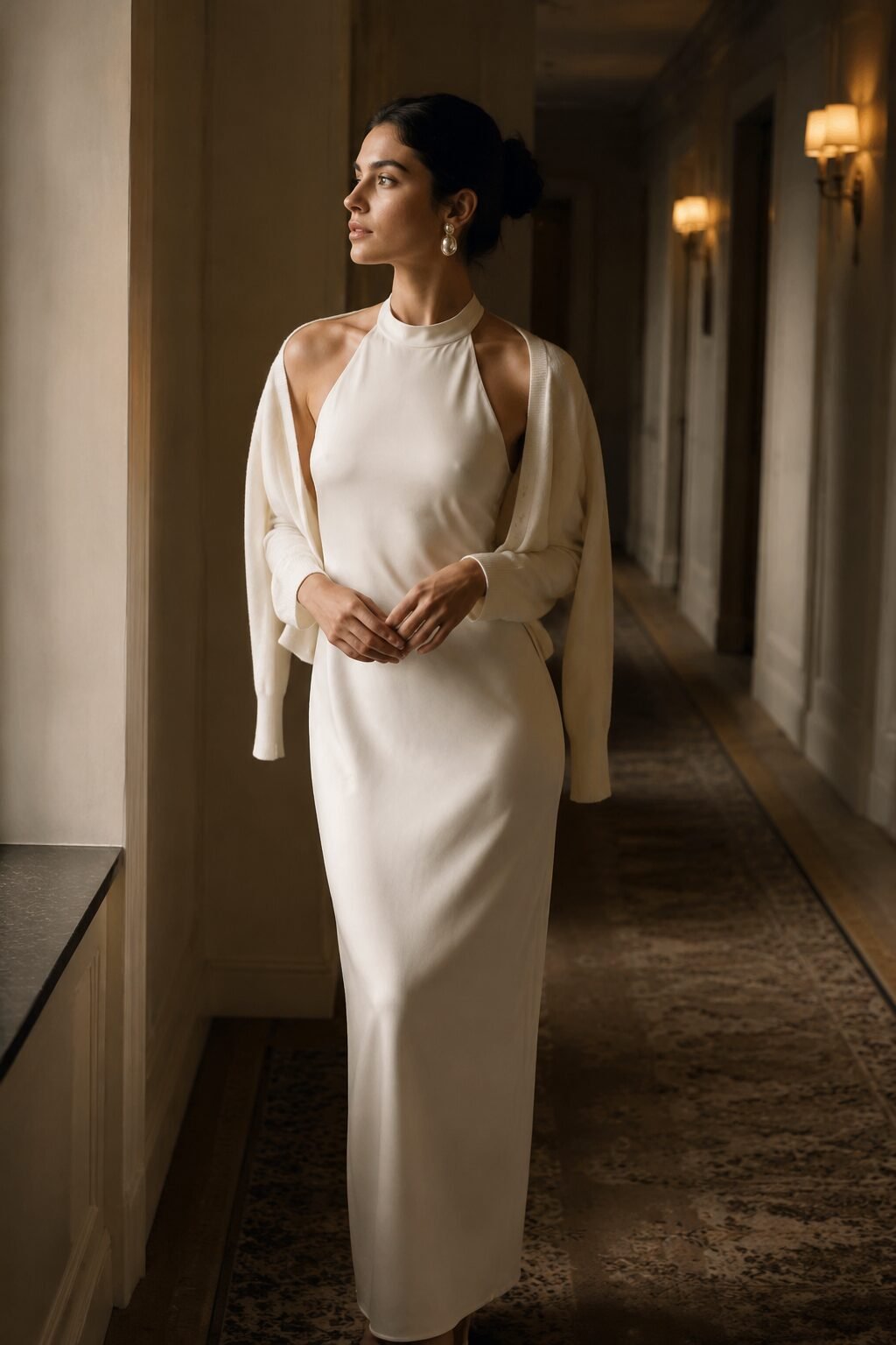 90s fashion look inspired by Carolyn Bessette Kennedy: ivory halter column dress with cropped cardigan for evening style
