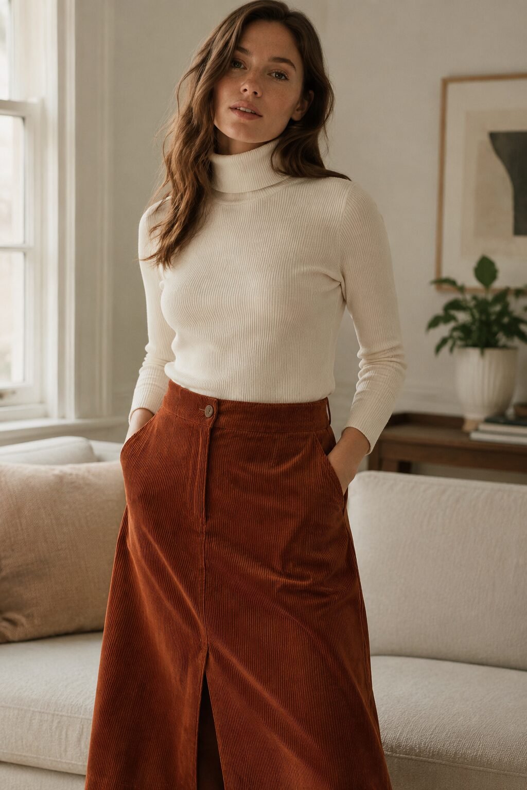 ivory turtleneck with rust corduroy midi skirt, elegant christmas lunch outfit for family lunch