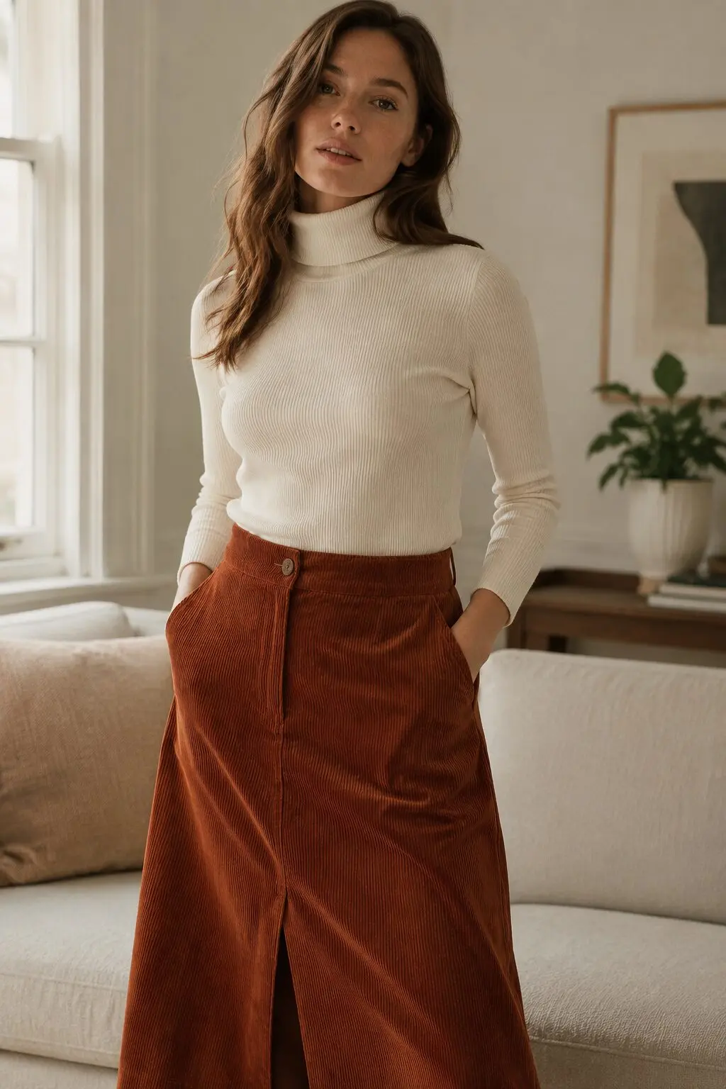 ivory turtleneck with rust corduroy midi skirt, elegant christmas lunch outfit for family lunch