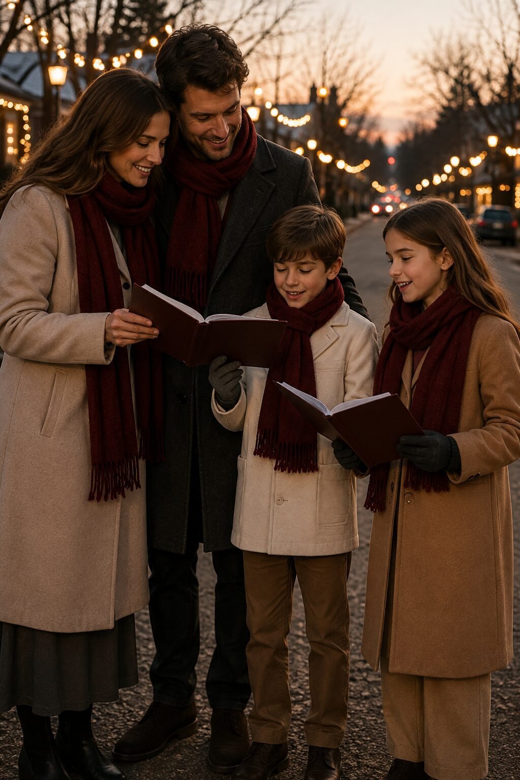 family christmas outfits for caroling coordinated by a shared burgundy scarf color