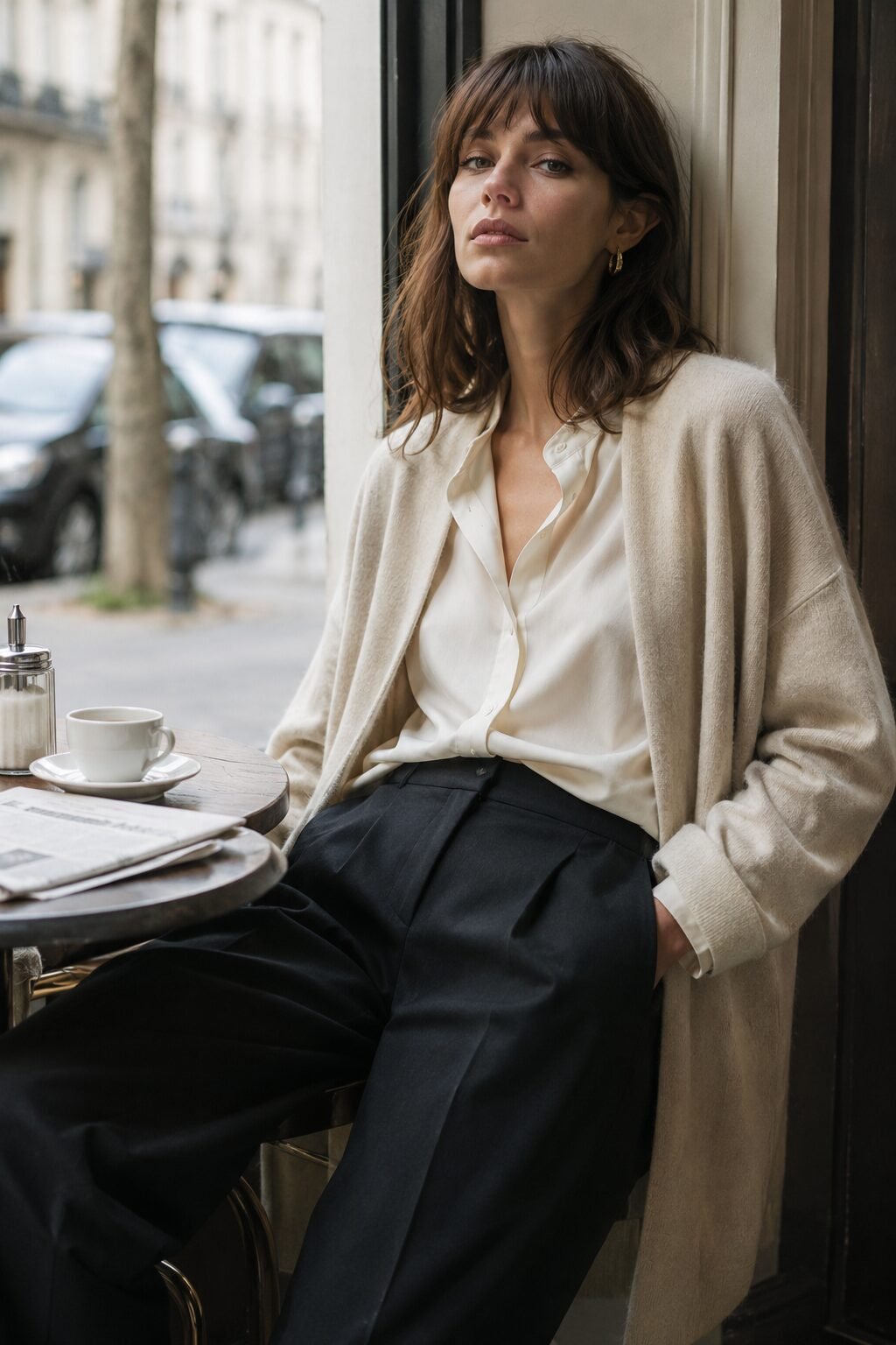 cream longline cardigan and ivory silk blouse over black trousers, fall capsule wardrobe outfit