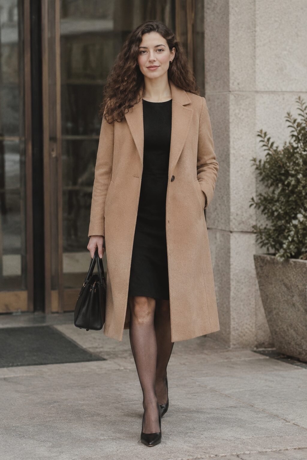 fall capsule wardrobe outfit idea: black sheath dress and camel overcoat for a Wednesday interview outfit
