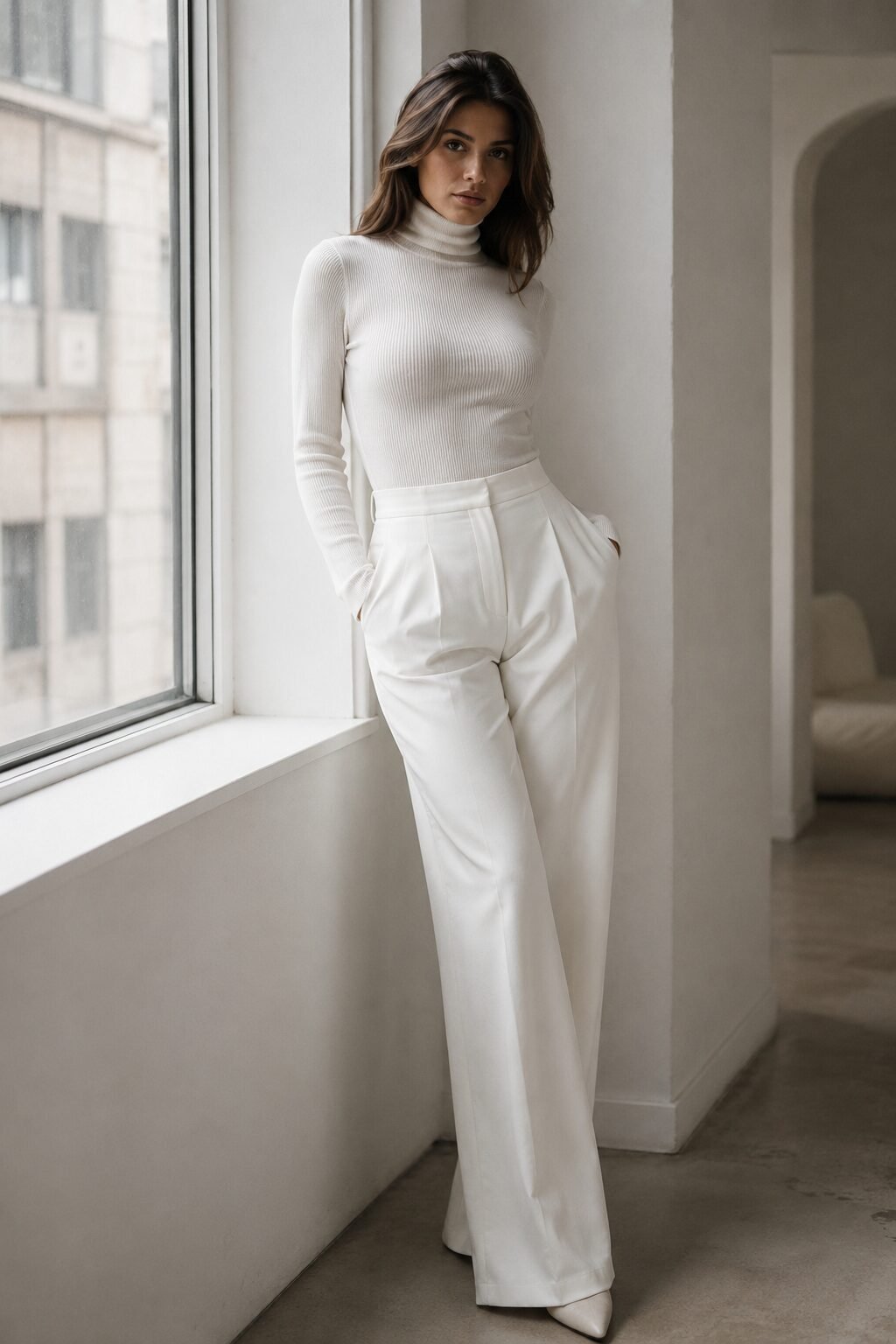 carolyn bessette kennedy inspired outfit: white turtleneck bodysuit with white tailored trousers