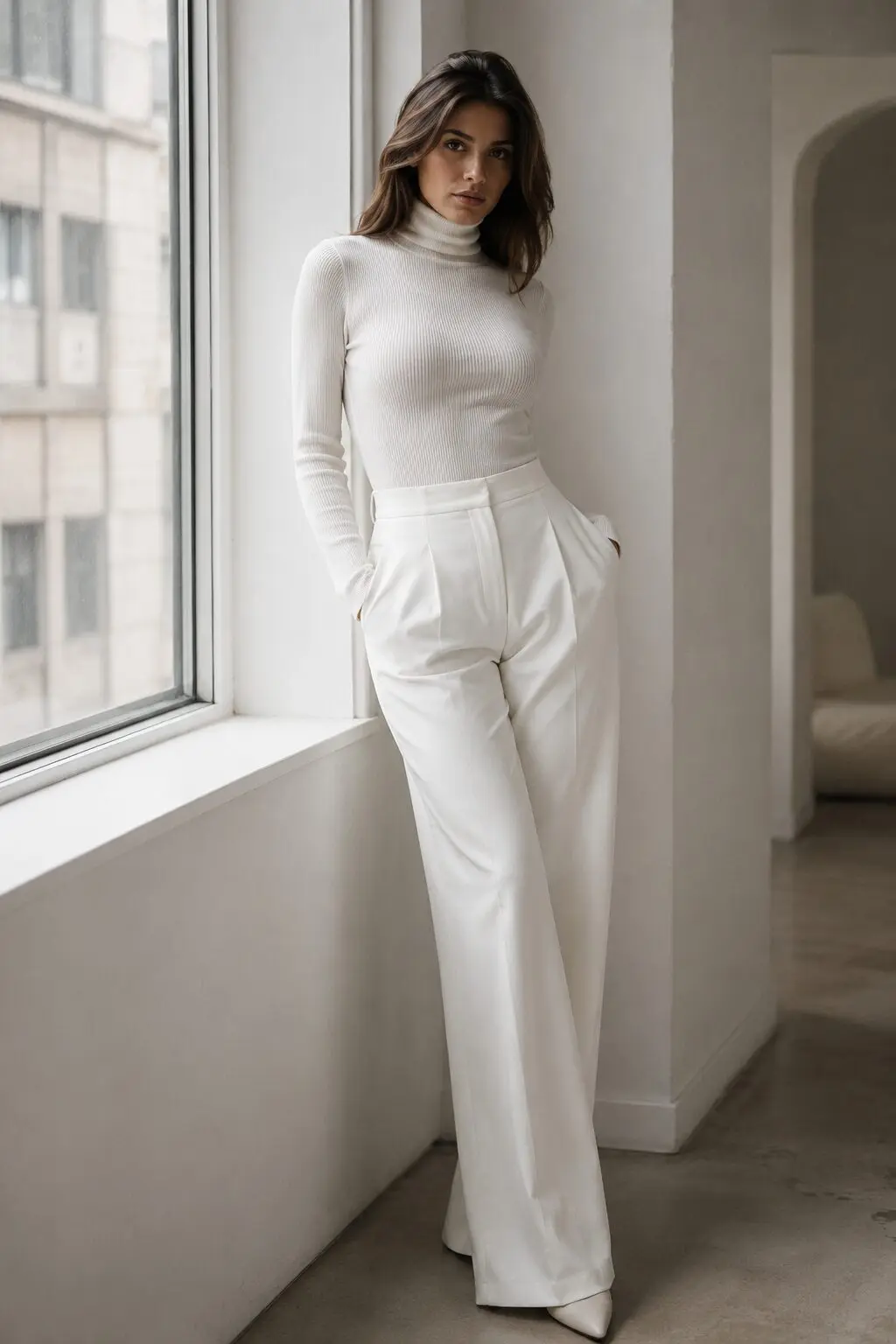 carolyn bessette kennedy inspired outfit: white turtleneck bodysuit with white tailored trousers