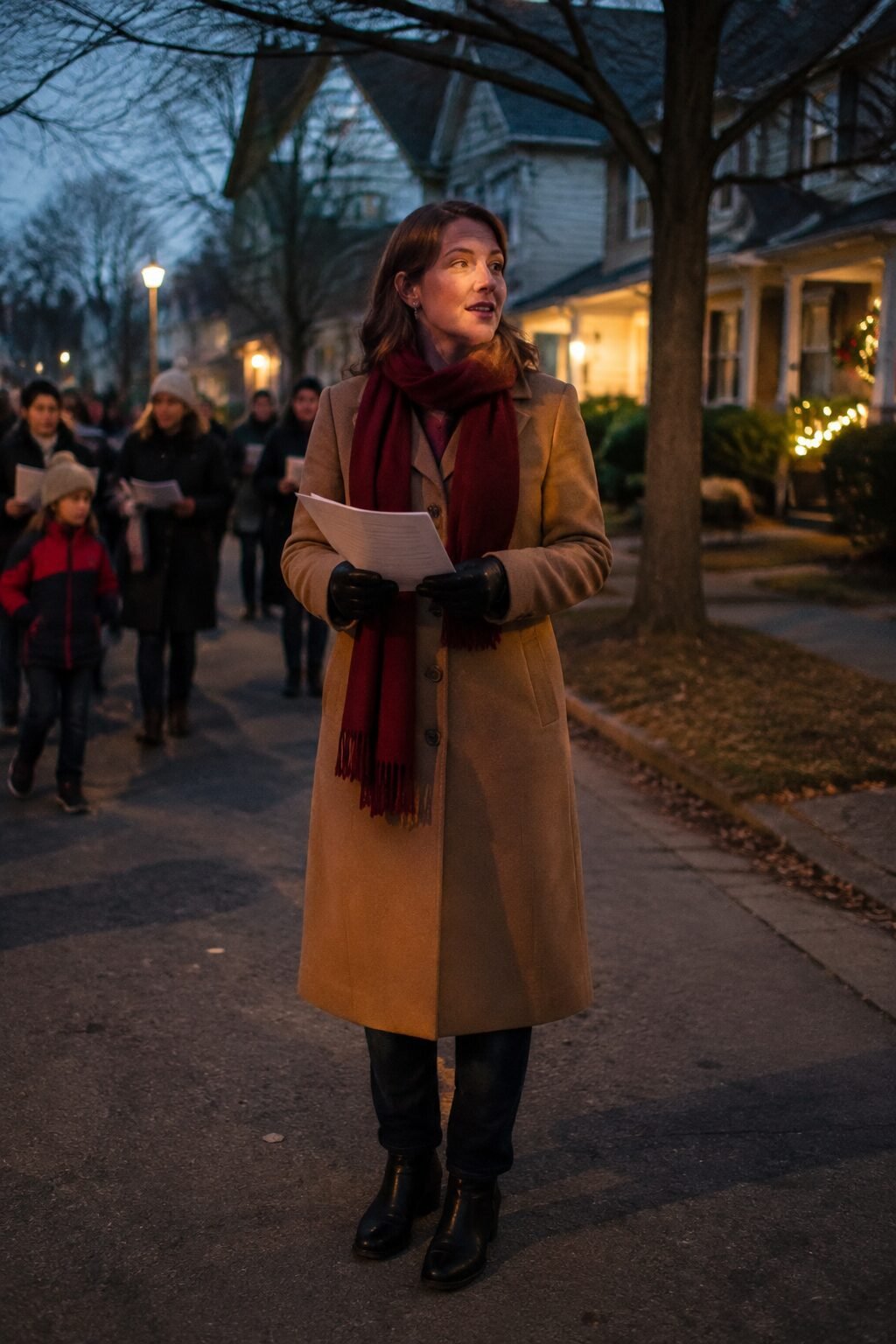 family christmas outfits for caroling coordinated by a shared burgundy scarf color