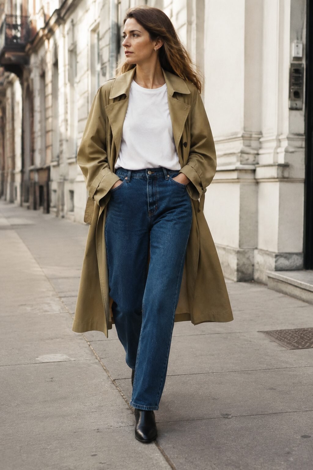 budget carolyn bessette kennedy style everyday outfit: white tee, straight jeans, and an open khaki trench coat