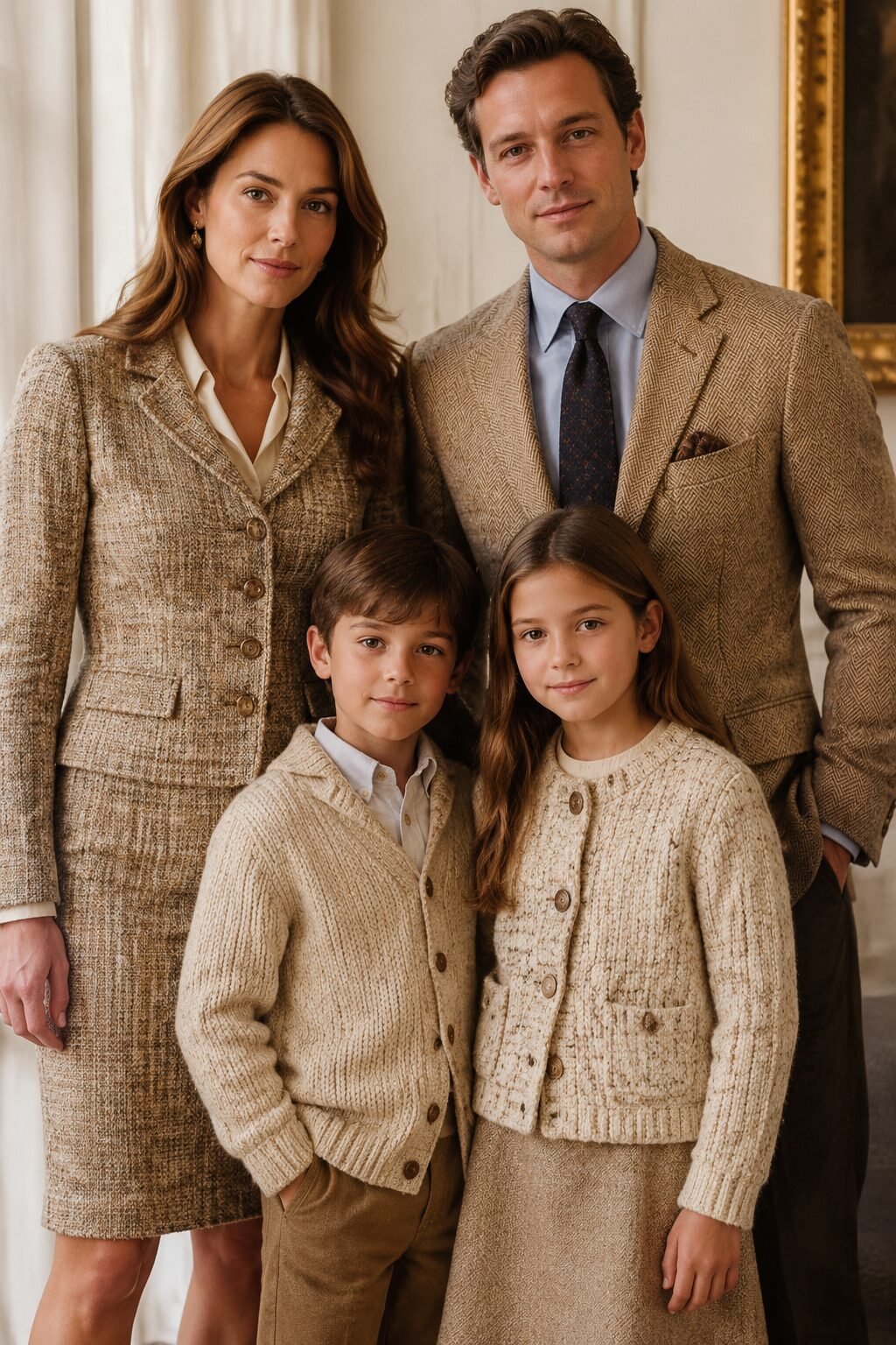 vintage-inspired family christmas outfits in mixed tweed and wool for a formal portrait
