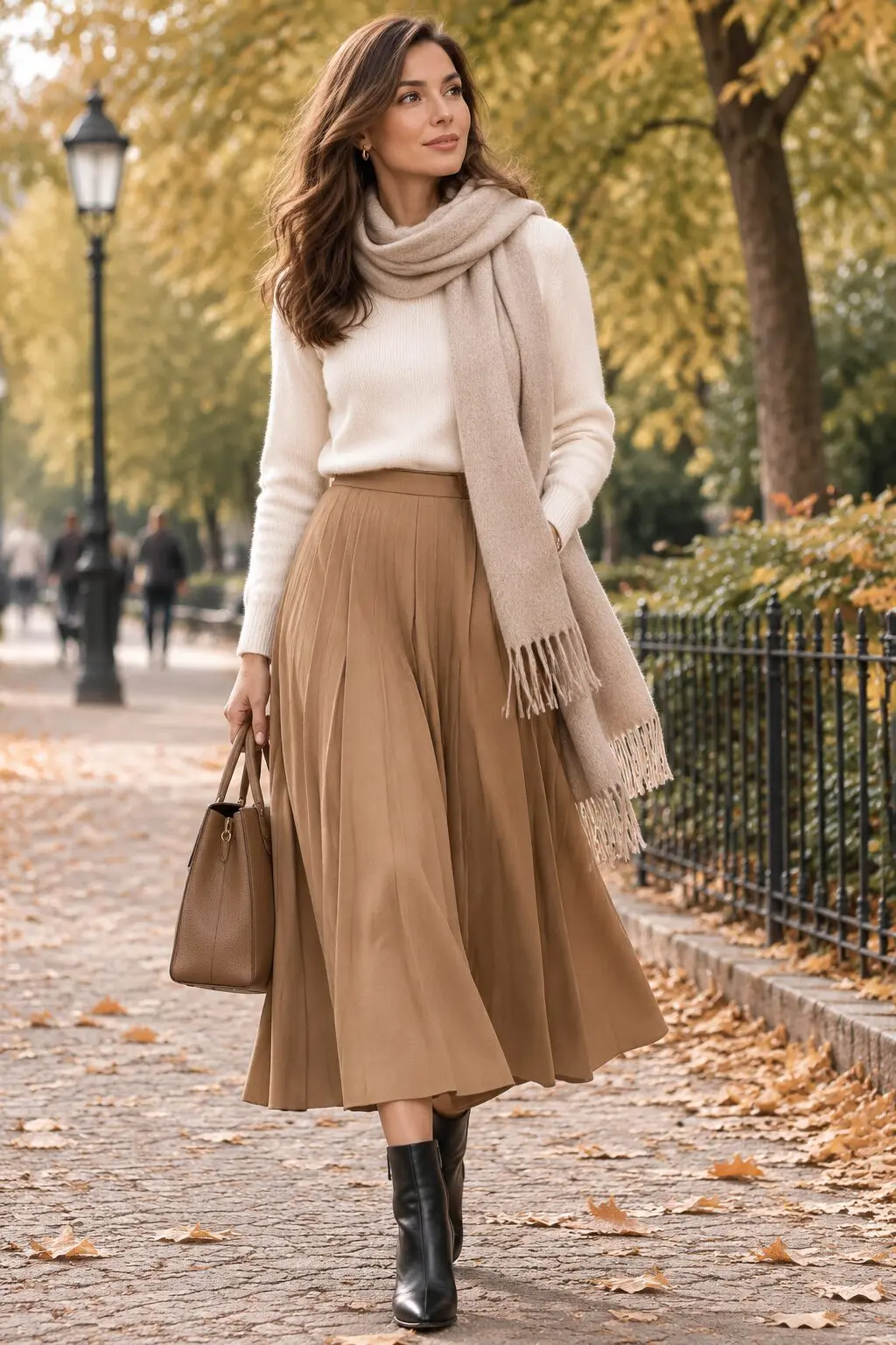 cream cashmere sweater and camel pleated midi skirt with wool scarf and ankle boots, autumn walk capsule outfit