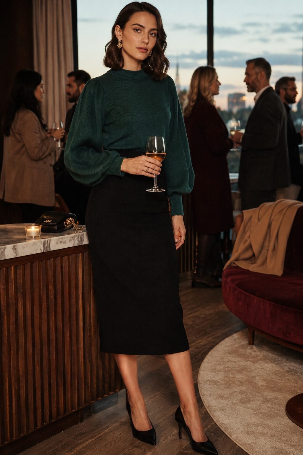 fall capsule wardrobe outfit idea: emerald statement-sleeve sweater and pencil skirt for a Thursday networking event