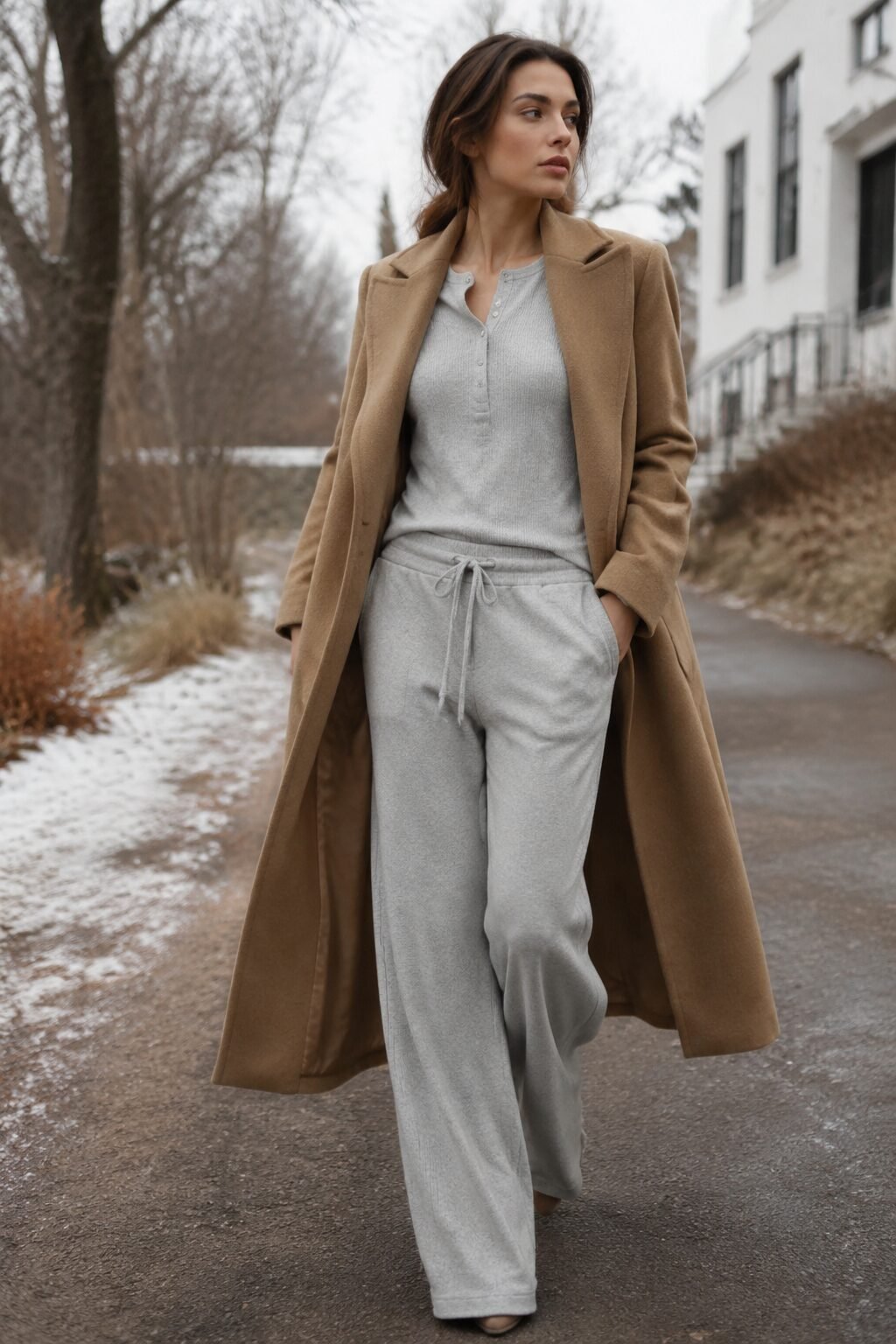 cozy christmas day outfit idea: heather grey thermal henley, wide-leg sweatpant, and camel wool coat for a walk