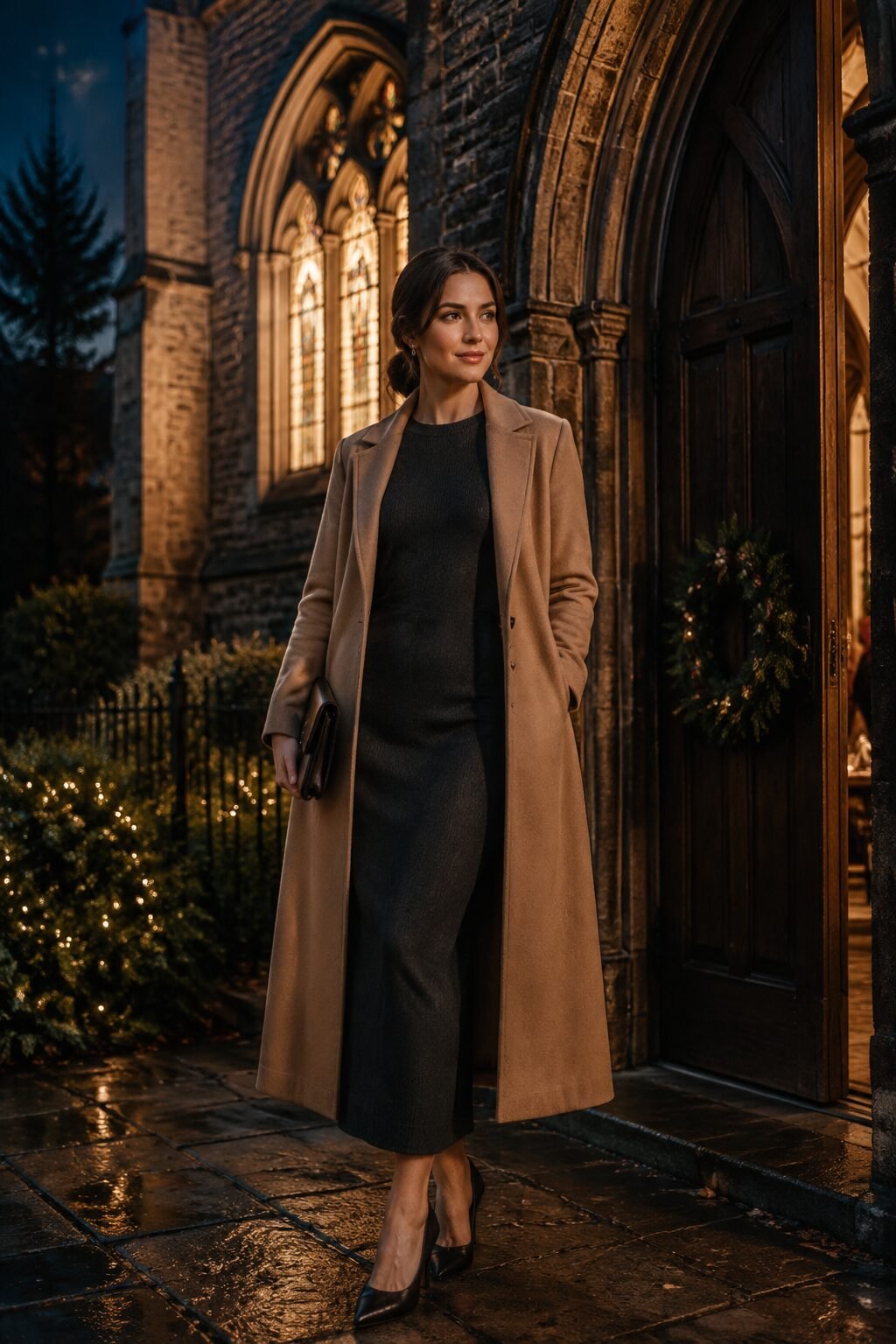 elegant Christmas Eve outfit: charcoal cashmere sheath dress with a camel statement coat