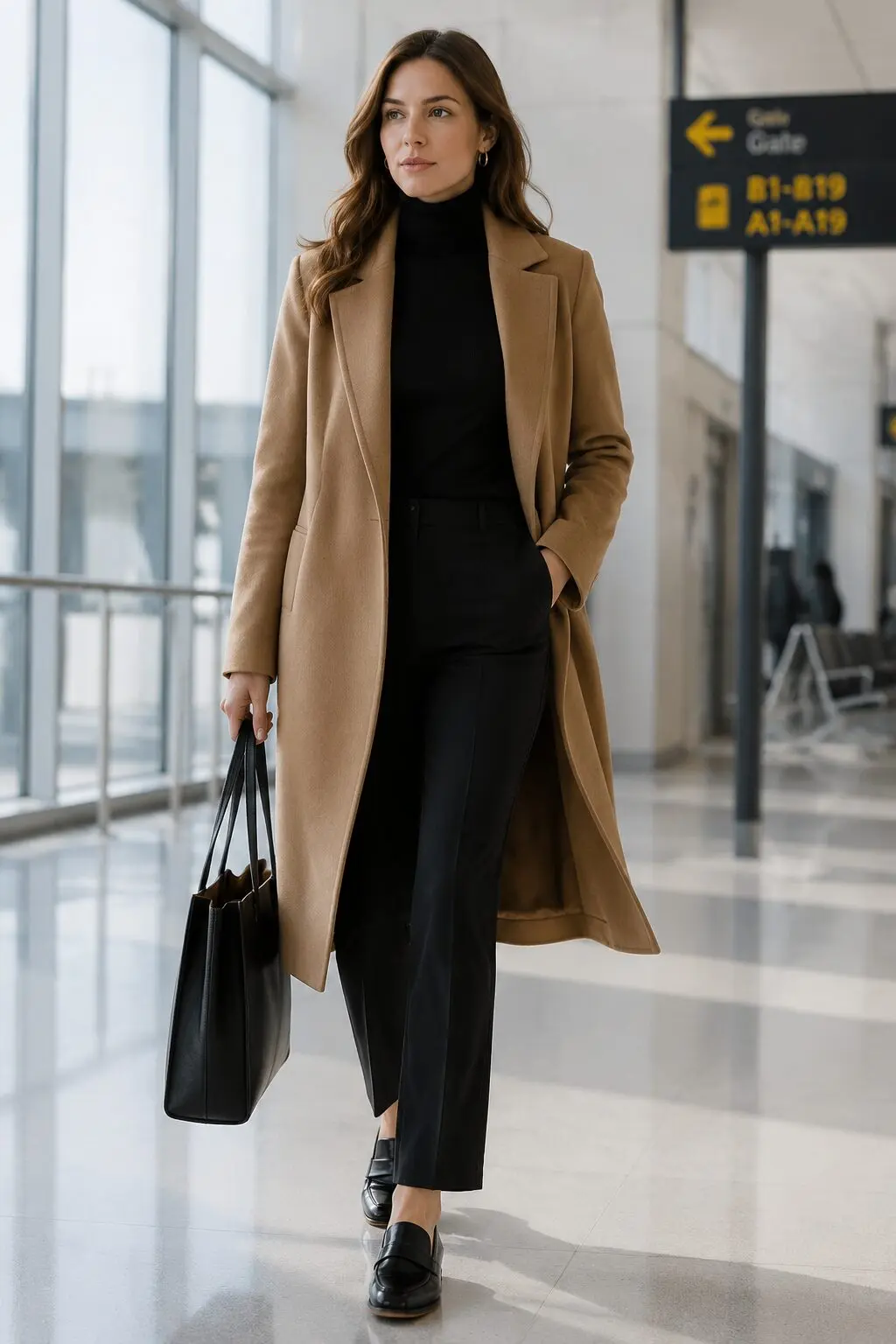 carolyn bessette kennedy outfit inspiration: camel structured coat with black turtleneck for travel