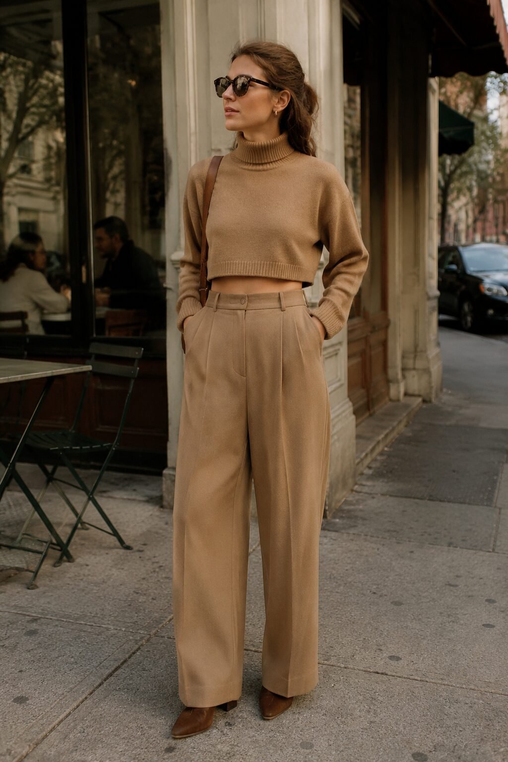 Carolyn Bessette Kennedy inspired outfit ideas: cropped camel turtleneck with high-waist wide-leg trousers for weekend to office style