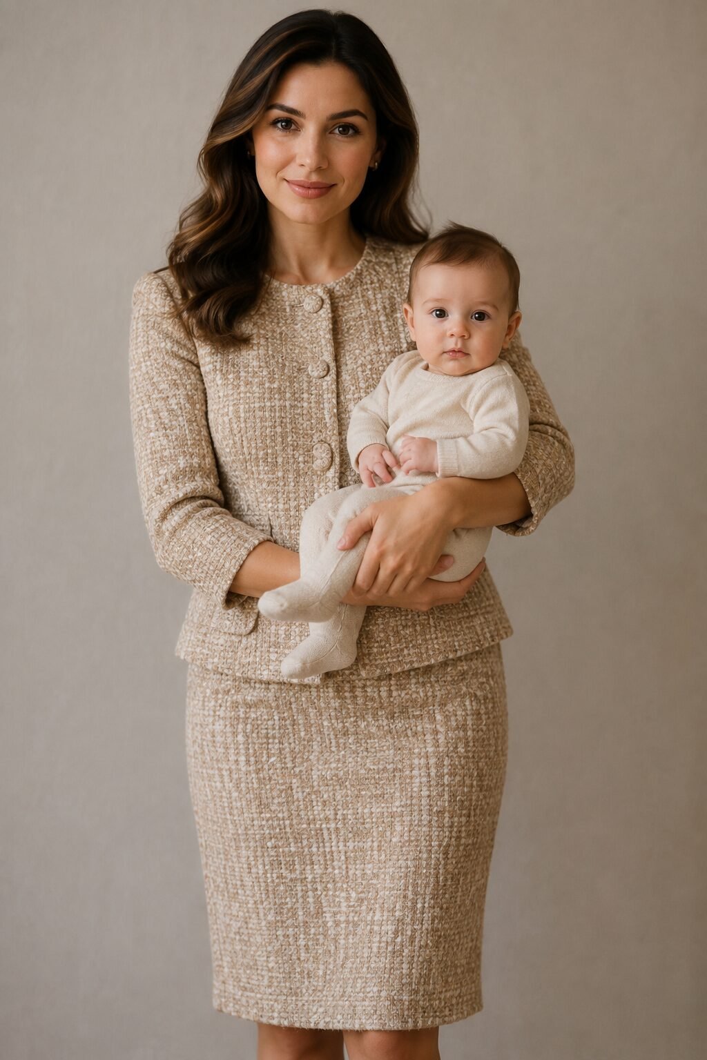 vintage-inspired family christmas outfits in mixed tweed and wool for a formal portrait
