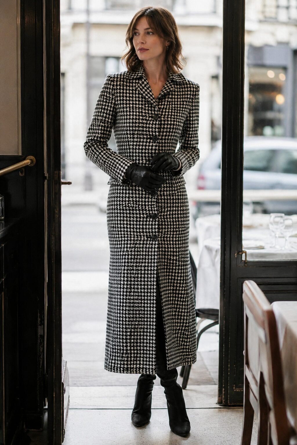 black-and-white houndstooth coat dress with leather gloves, elegant christmas lunch outfit for a restaurant
