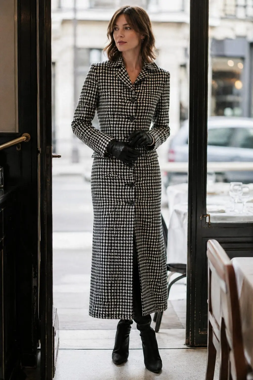 black-and-white houndstooth coat dress with leather gloves, elegant christmas lunch outfit for a restaurant