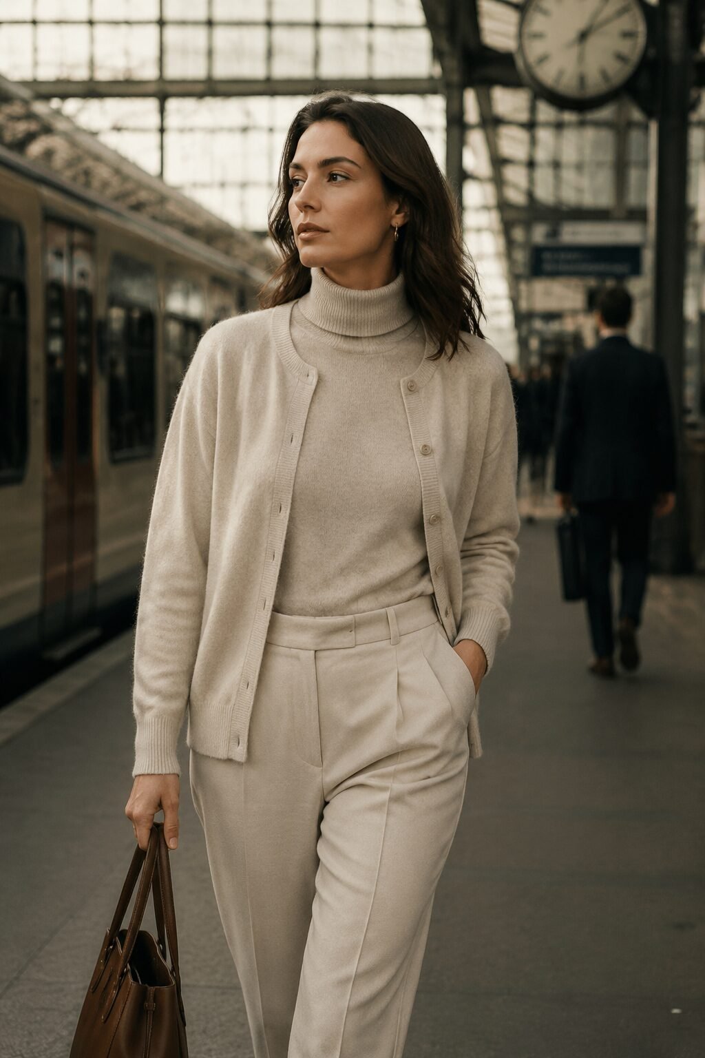 fall capsule wardrobe outfit idea: oatmeal cardigan and turtleneck layers for a Friday weekend getaway travel outfit