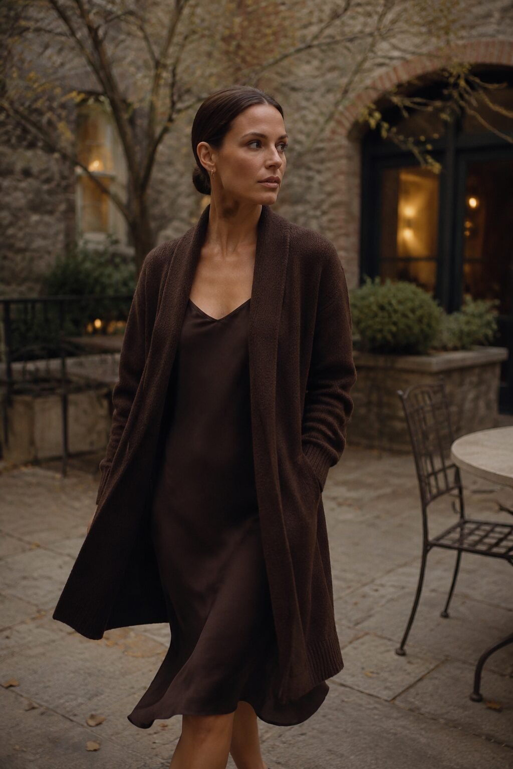 90s fashion look inspired by Carolyn Bessette Kennedy: chocolate brown shawl-collar cardigan with bias slip skirt for transitional evening