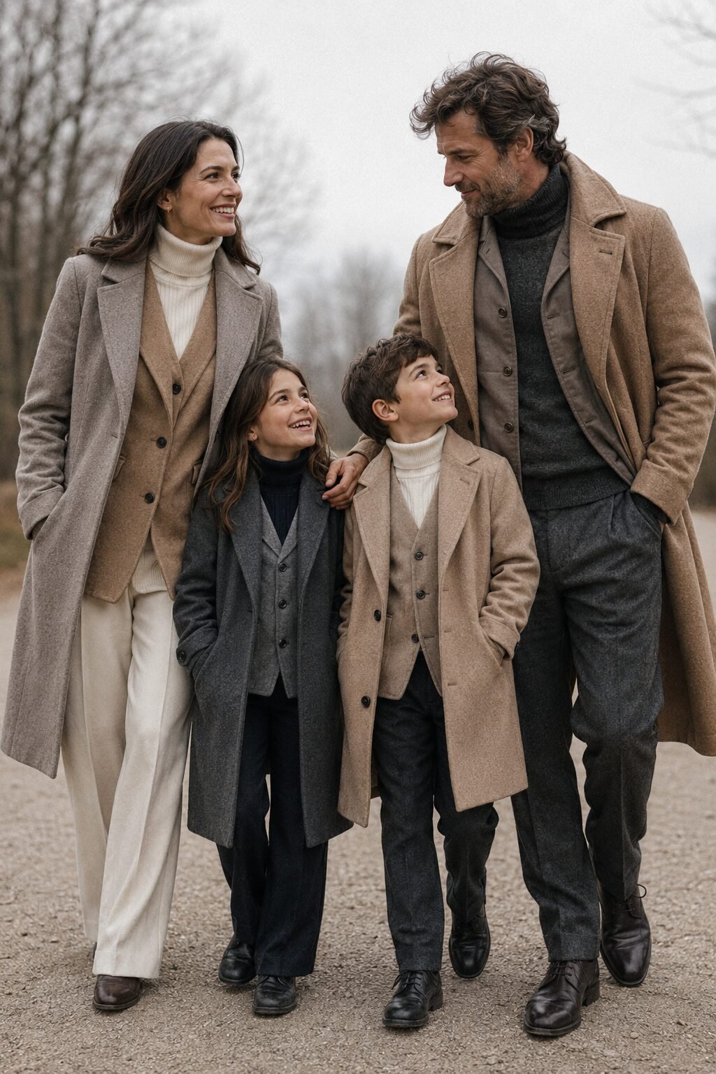 family christmas outfits coordinated by a shared layering formula on an outdoor photo walk