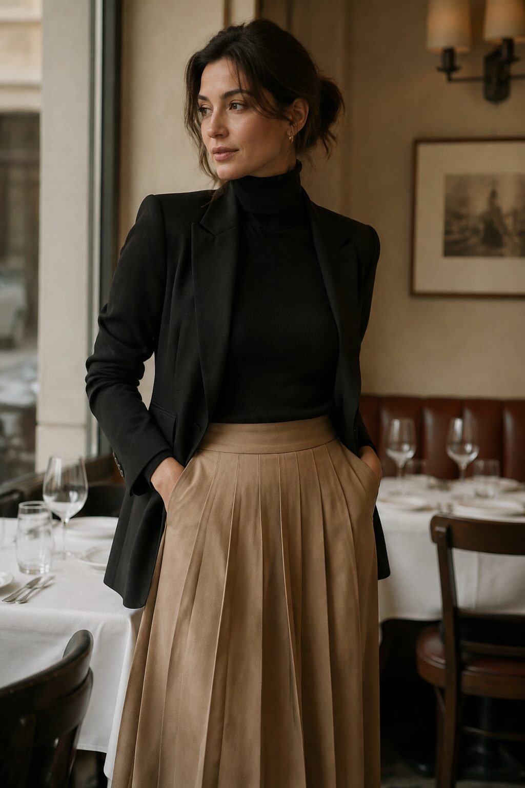 black tailored blazer and turtleneck with camel pleated midi skirt, evening fall capsule wardrobe outfit