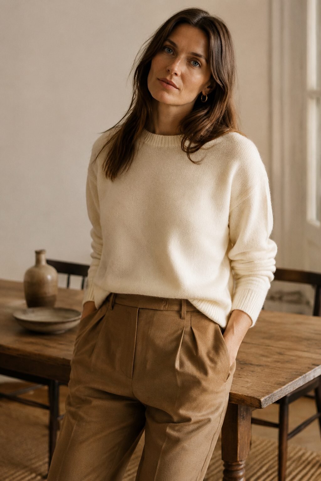cream cashmere sweater with camel straight-leg trousers and loafers, elegant christmas lunch outfit