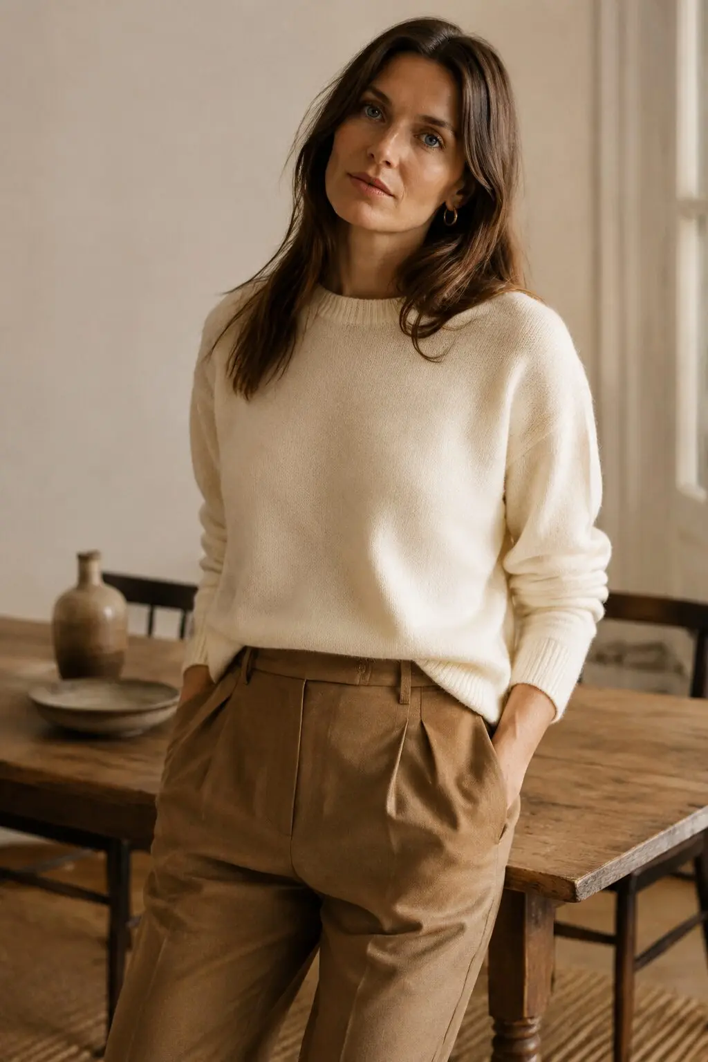 cream cashmere sweater with camel straight-leg trousers and loafers, elegant christmas lunch outfit