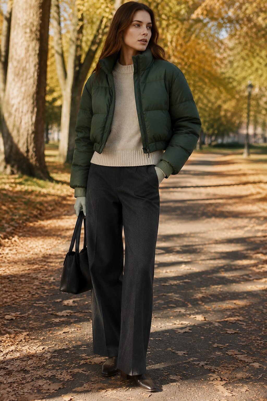 fall capsule wardrobe outfit idea: forest green cropped puffer, knit, and trousers for a Saturday fall leaf-peeping walk