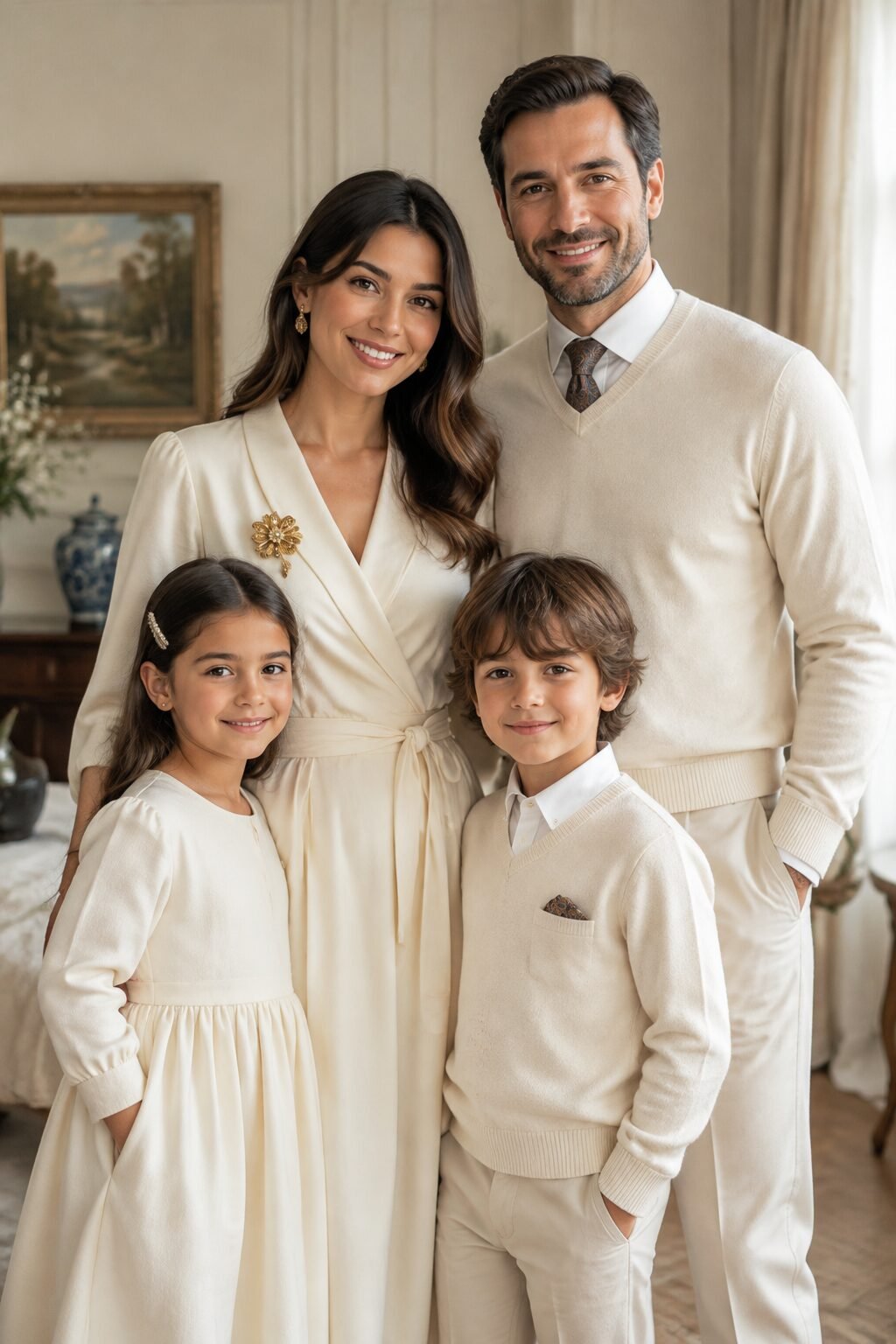 ivory family christmas outfits with individual statement accessories for a formal portrait