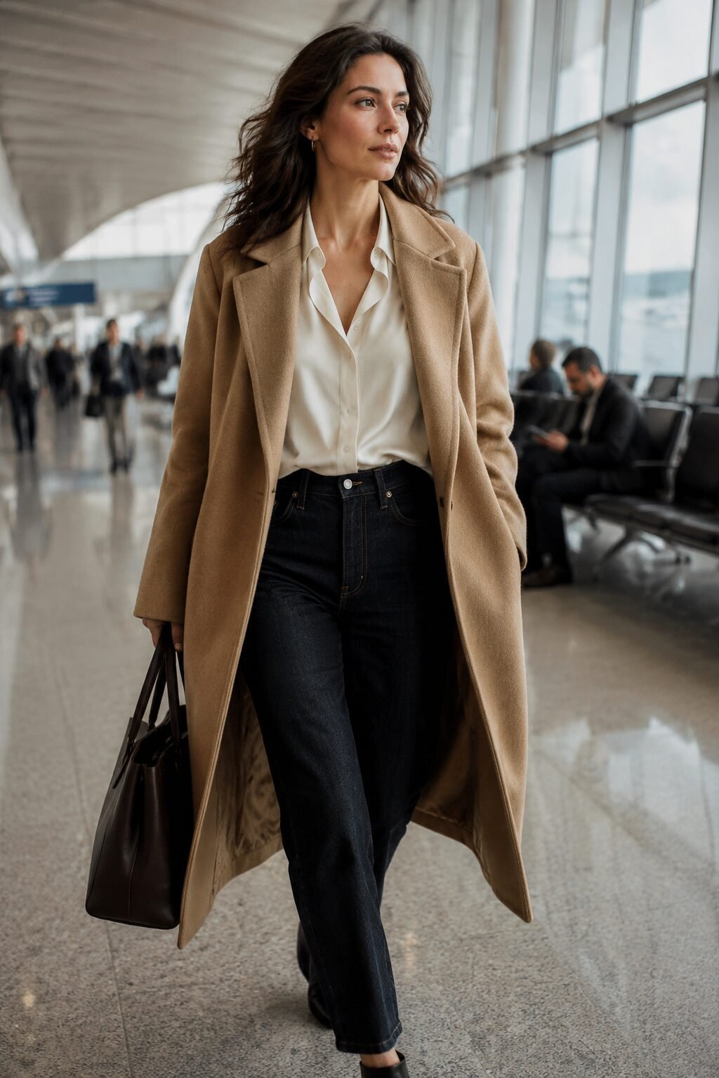 camel wool coat with ivory silk blouse and indigo straight-leg jeans, travel day fall capsule outfit
