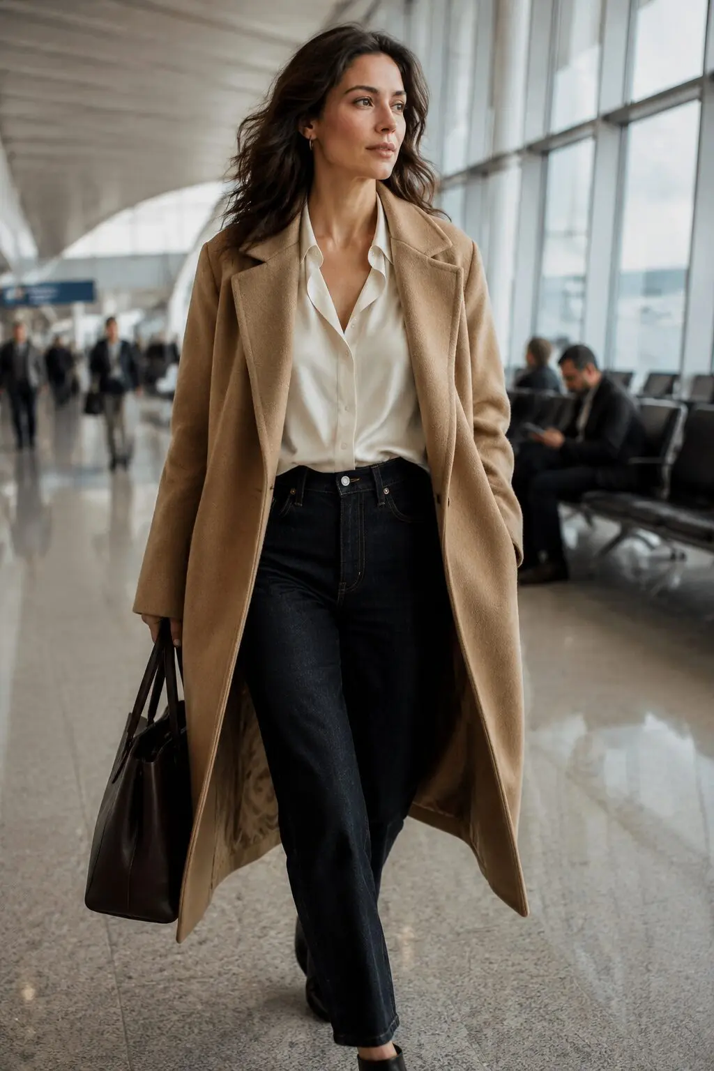 camel wool coat with ivory silk blouse and indigo straight-leg jeans, travel day fall capsule outfit