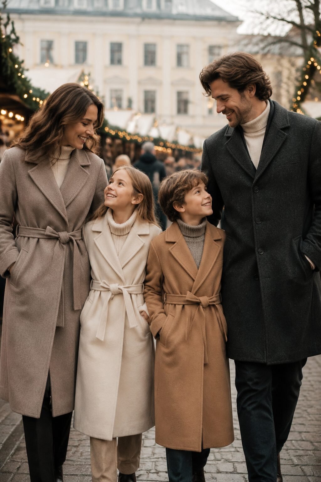 family christmas outfits coordinated by a shared coat silhouette in five neutral shades at a christmas market
