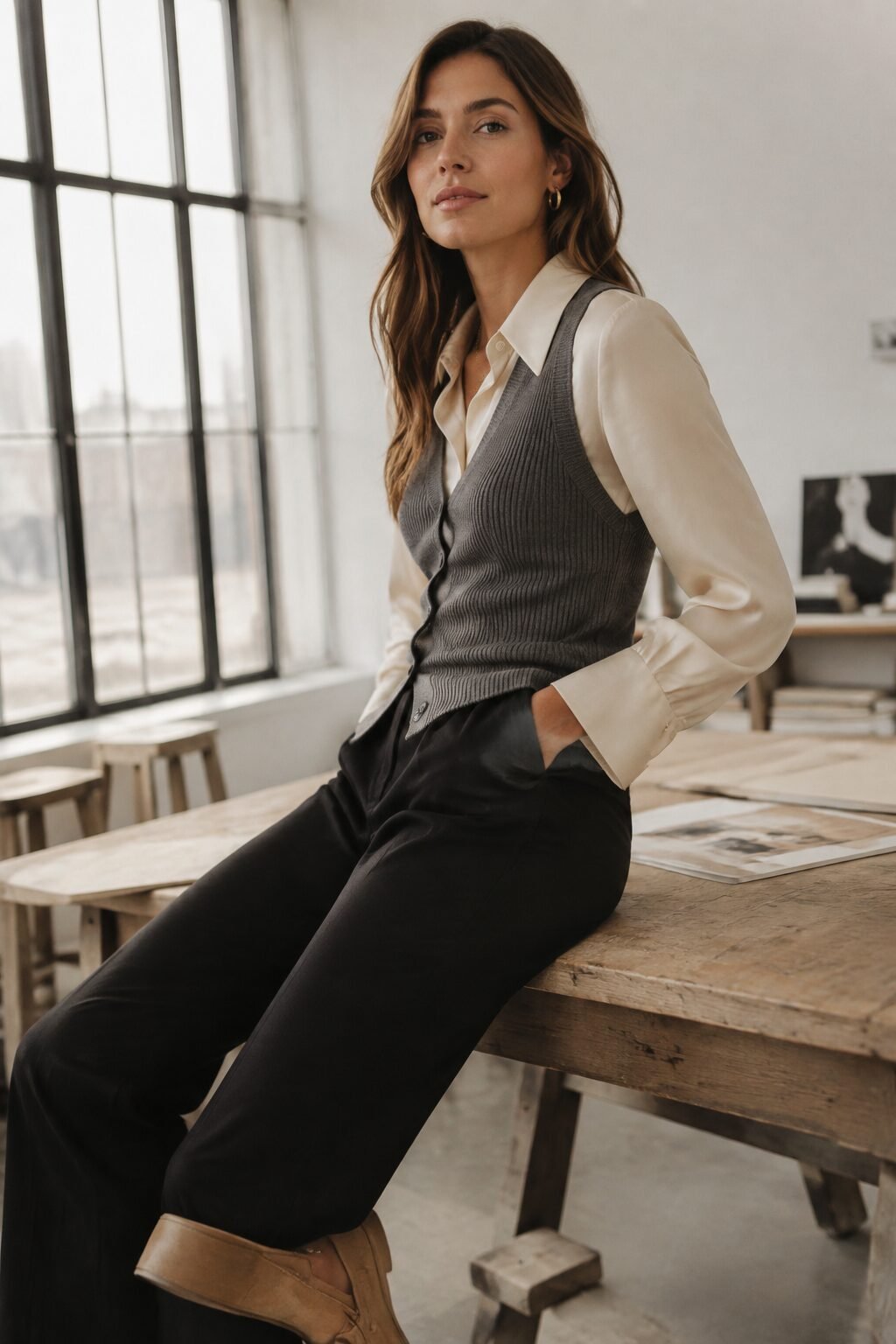 grey knit vest and ivory silk blouse with black trousers and tan loafers, fall capsule wardrobe outfit