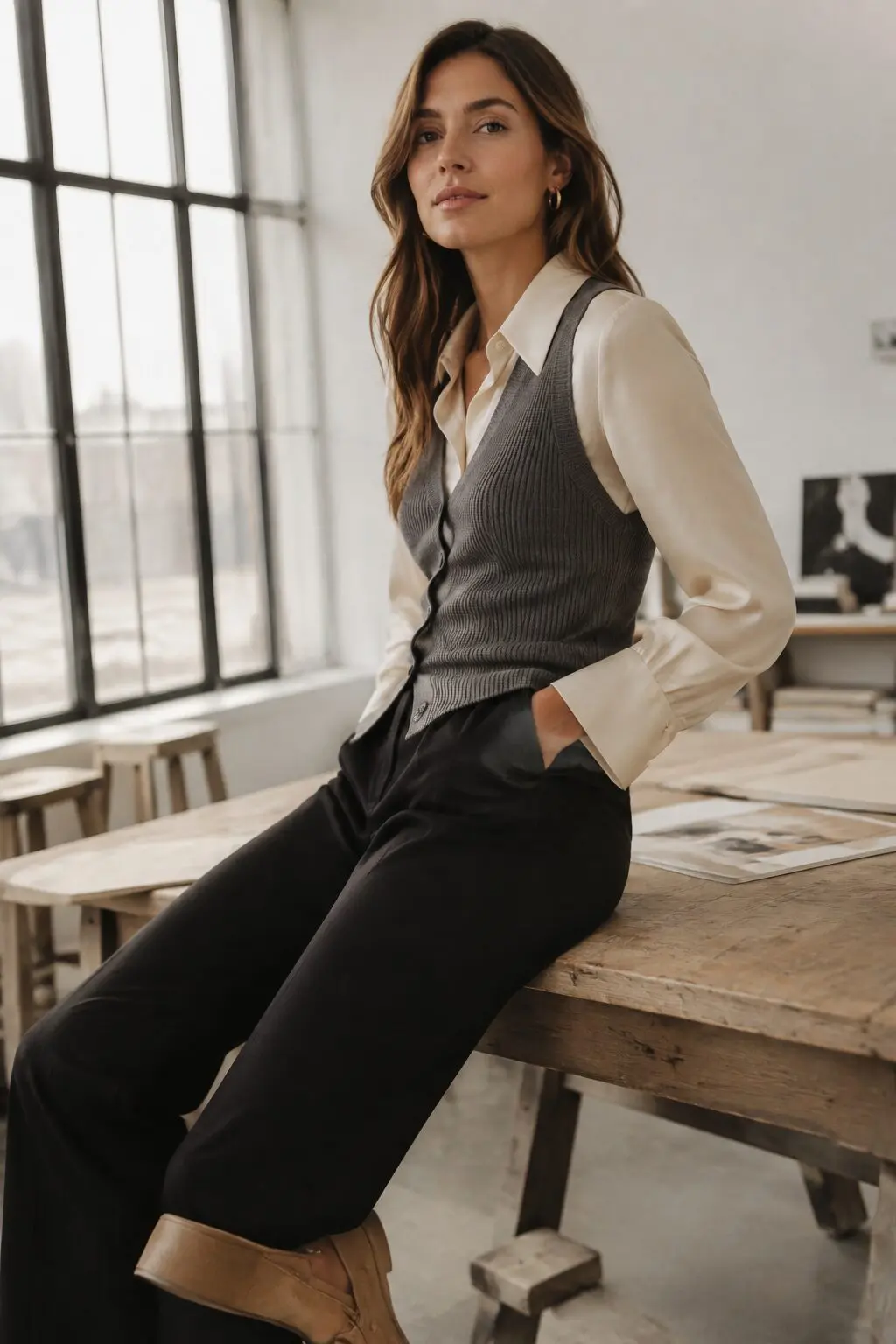grey knit vest and ivory silk blouse with black trousers and tan loafers, fall capsule wardrobe outfit